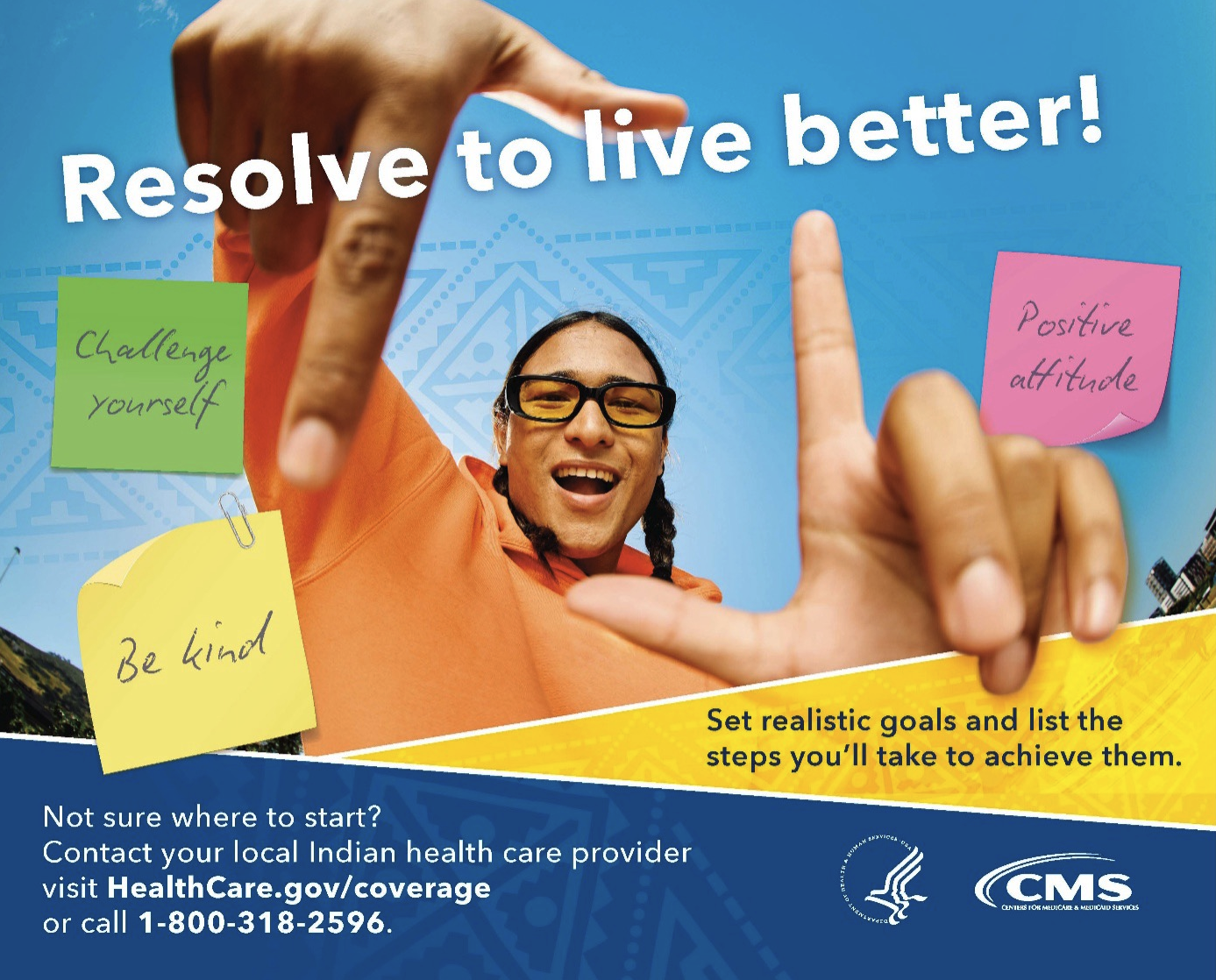 Drop-in ad features smiling person with three sticky notes that read (1) Challenge yourself, (2) Be kind, and (3) Positive attitude. The ad's main text reads, "Resolve to live better! Set realistic goals and list the steps you'll take to achieve them."