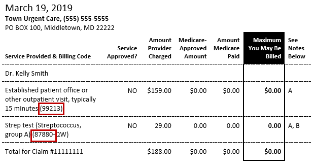 Example of an MSN which shows billing codes