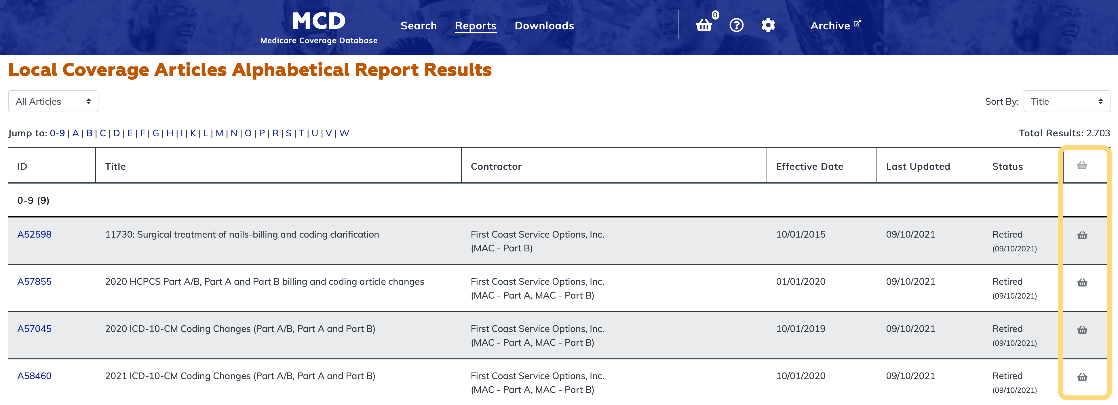Local Coverage Articles Listed Alphabetically Report basket column highlighted