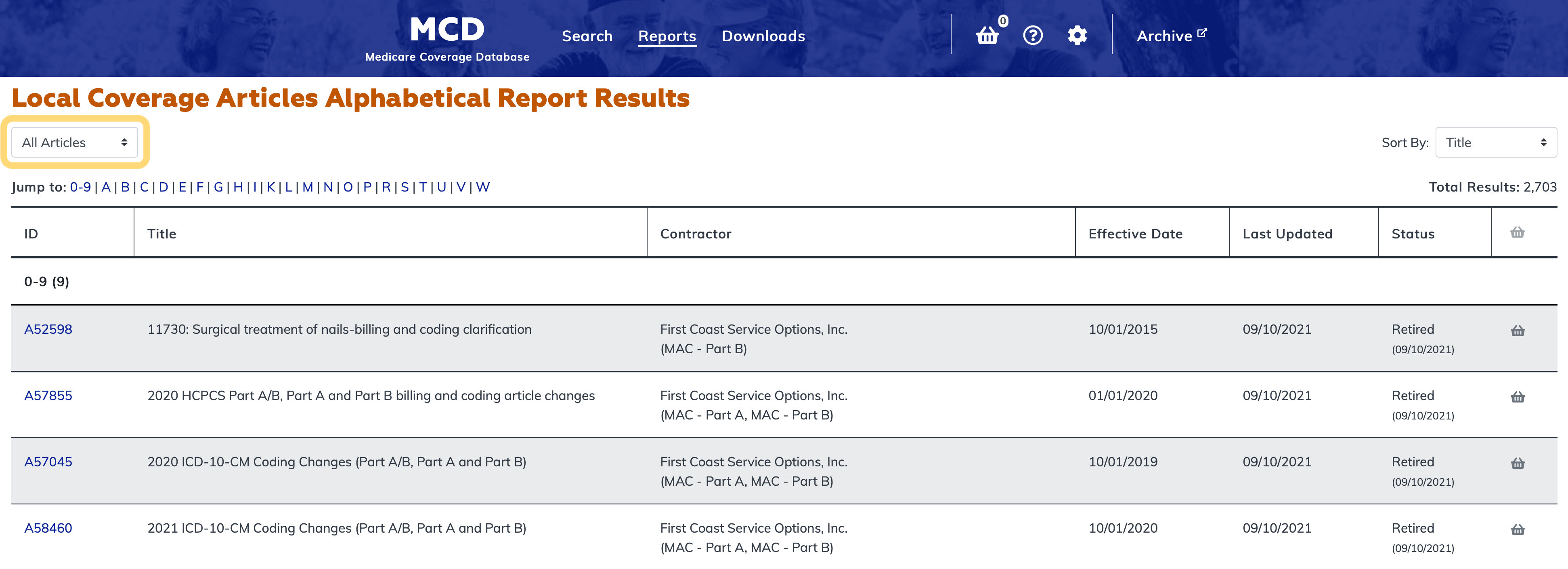 Local Coverage Articles Listed Alphabetically Report filter bar highlighted
