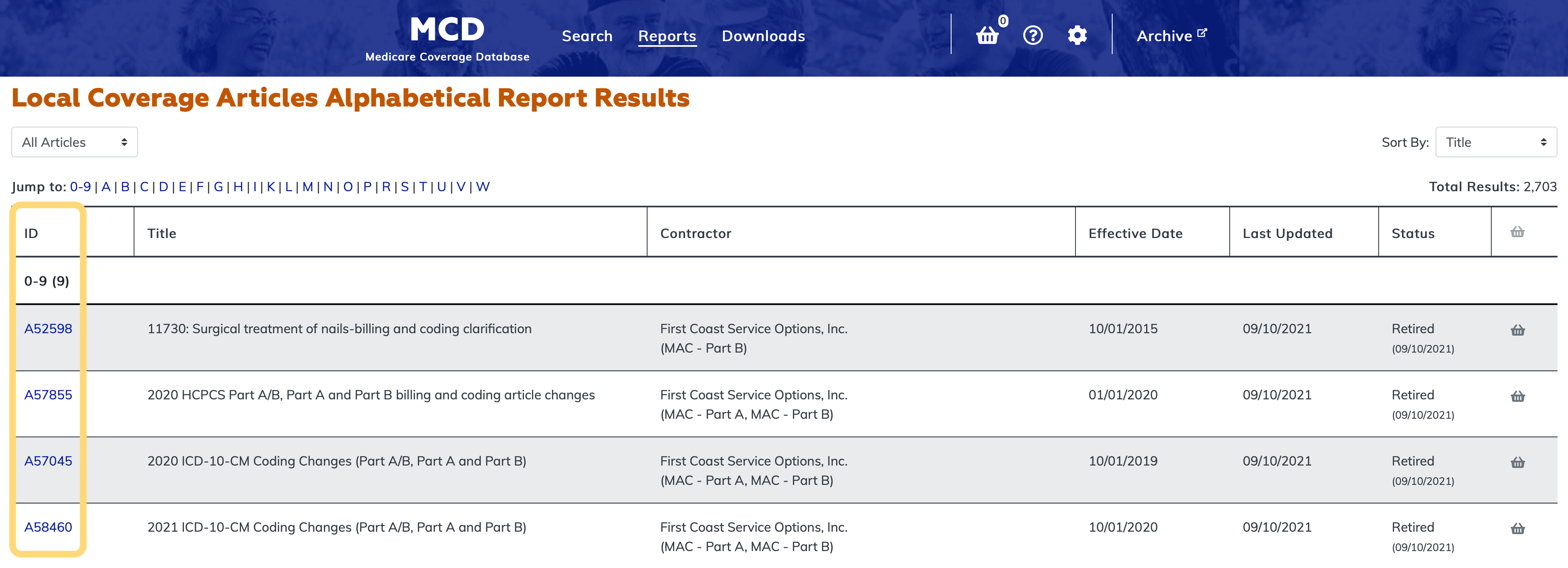 Local Coverage Articles Listed Alphabetically Report ID link column highlighted