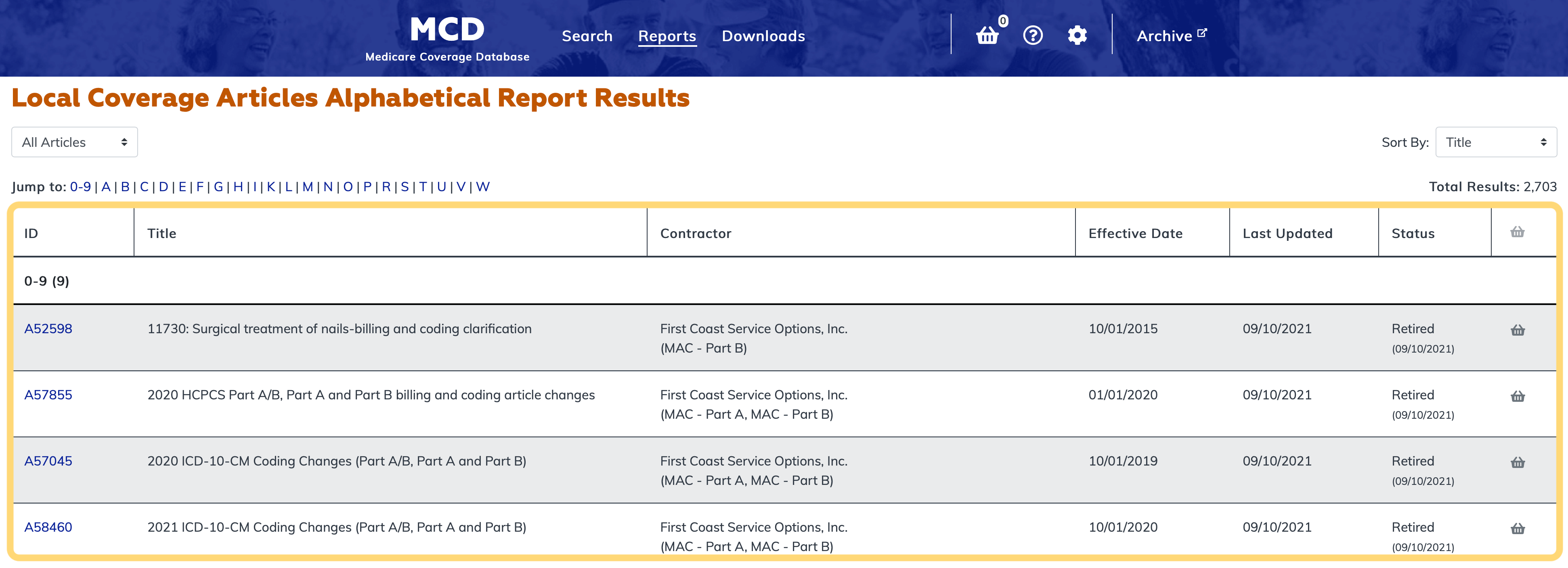 Local Coverage Articles Listed Alphabetically Report table highlighted