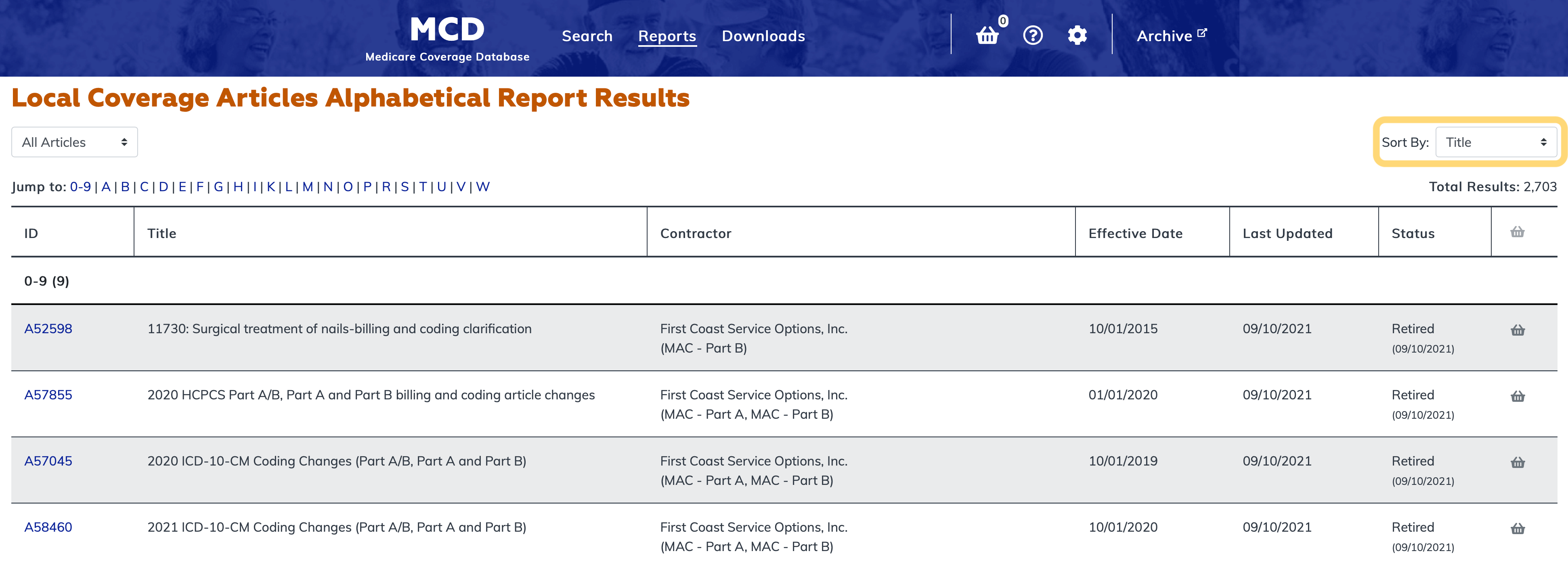 Local Coverage Articles Listed Alphabetically Report sort option highlighted