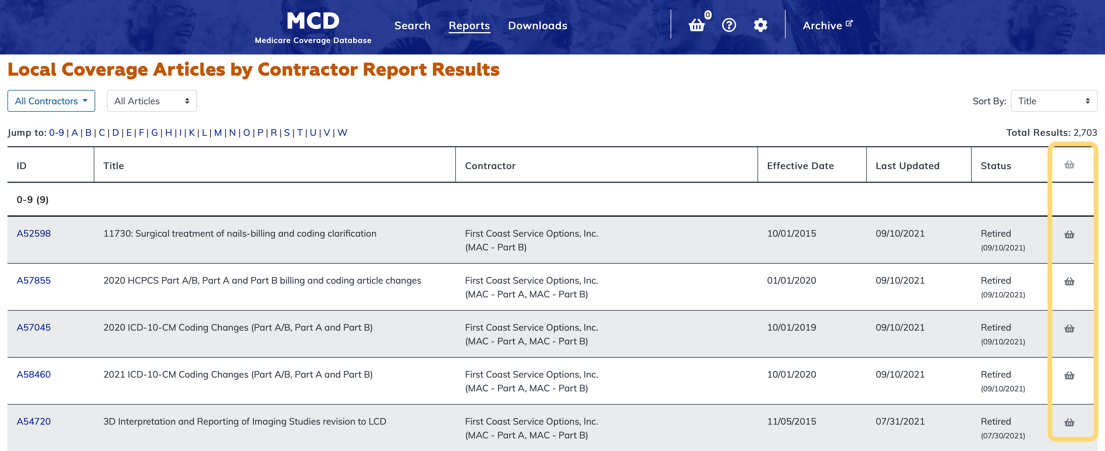 Local Coverage Articles by Contractor Report basket column highlighted
