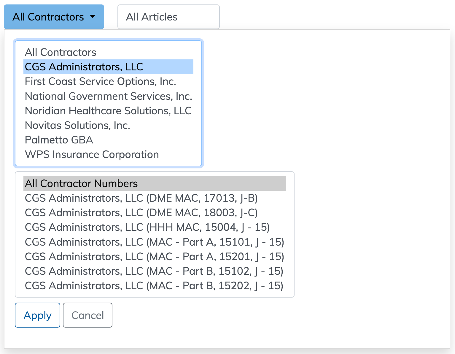 Local Coverage Articles by Contractor Report Contractor filter highlighted