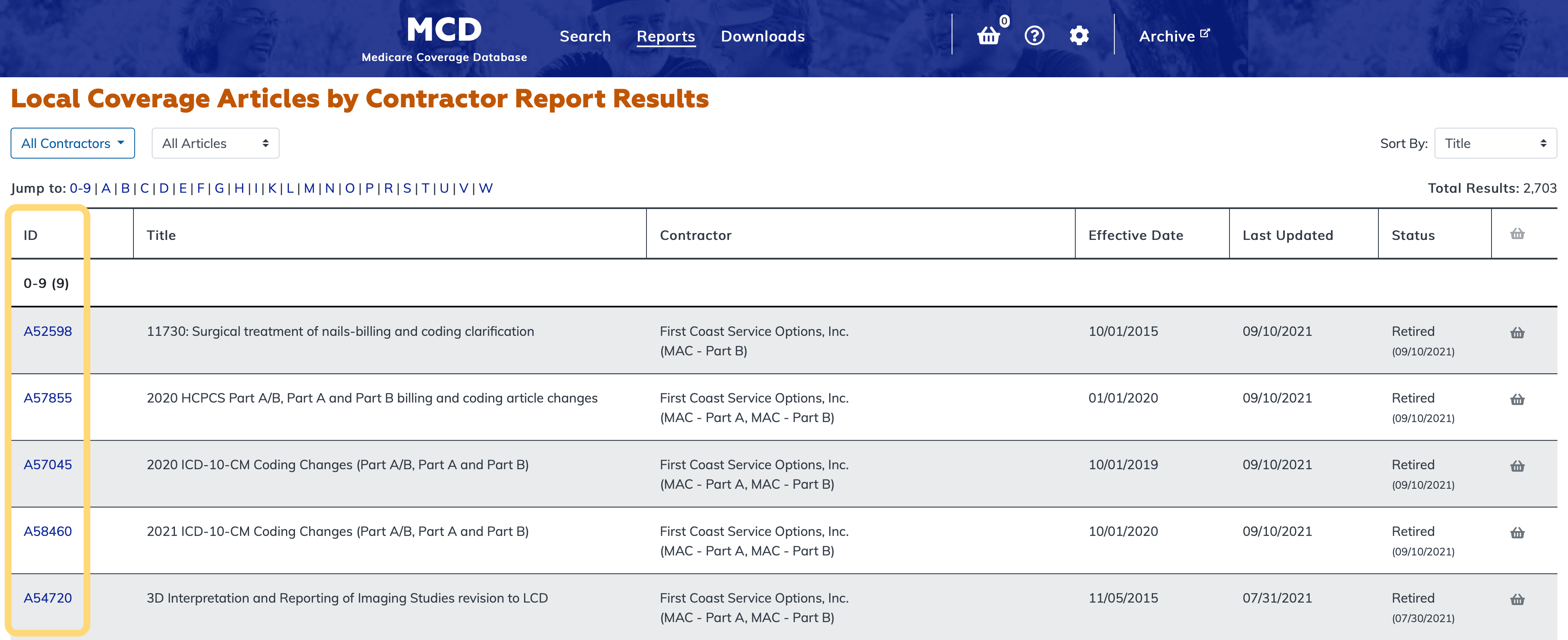 Local Coverage Articles by Contractor Report ID link column highlighted