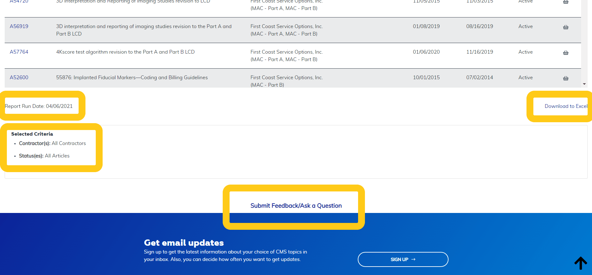 Local Coverage Articles by Contractor Report additional features at the bottom highlighted