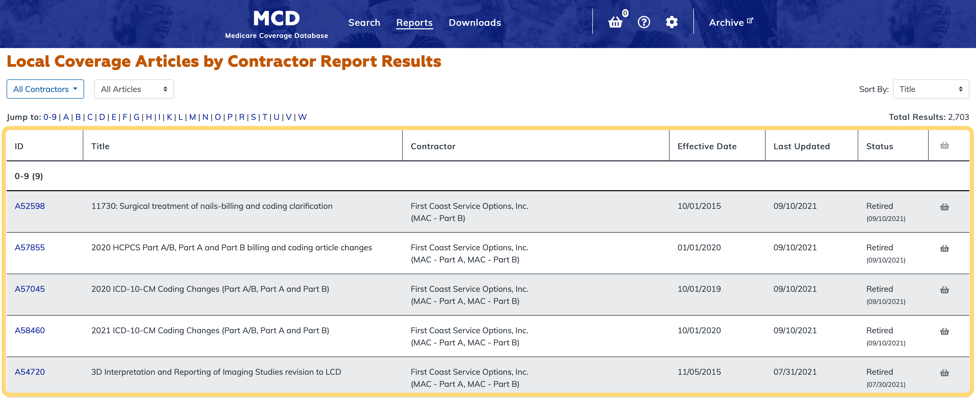 Local Coverage Articles by Contractor Report table highlighted