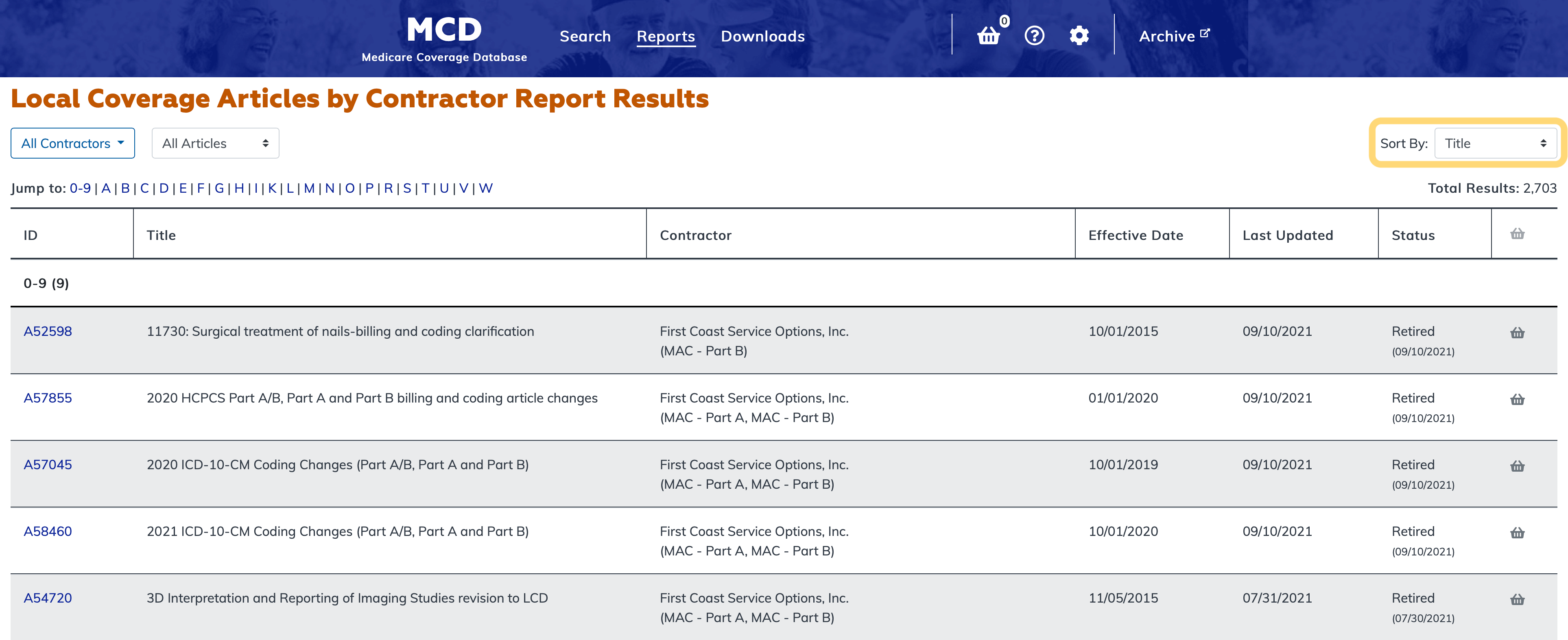 Local Coverage Articles by Contractor Report sort option highlighted