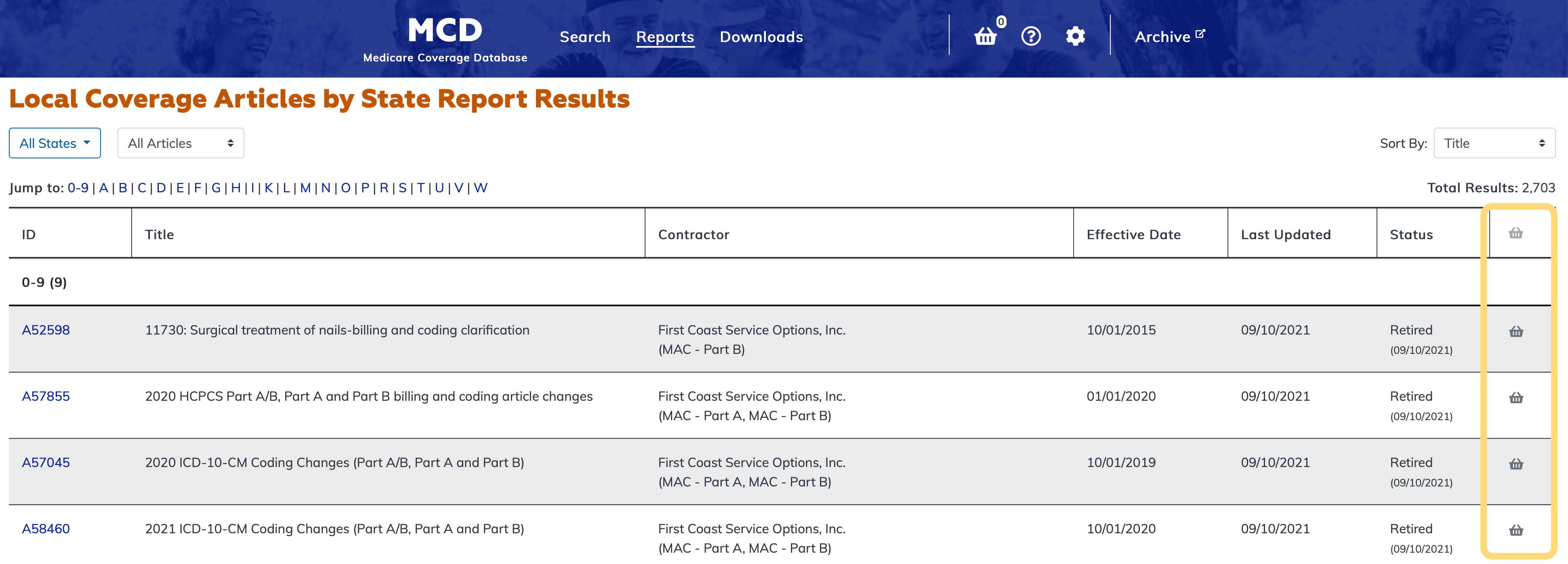 Local Coverage Articles by State Report basket column highlighted