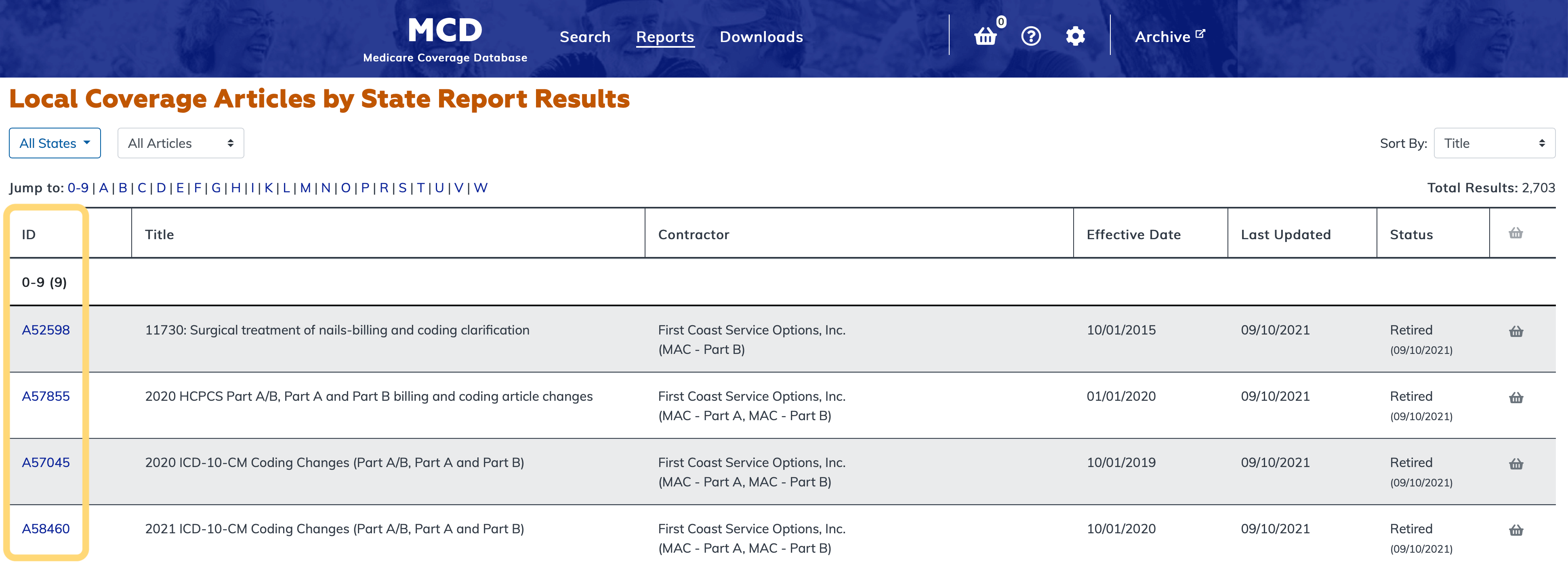 Local Coverage Articles by State Report ID link column highlighted