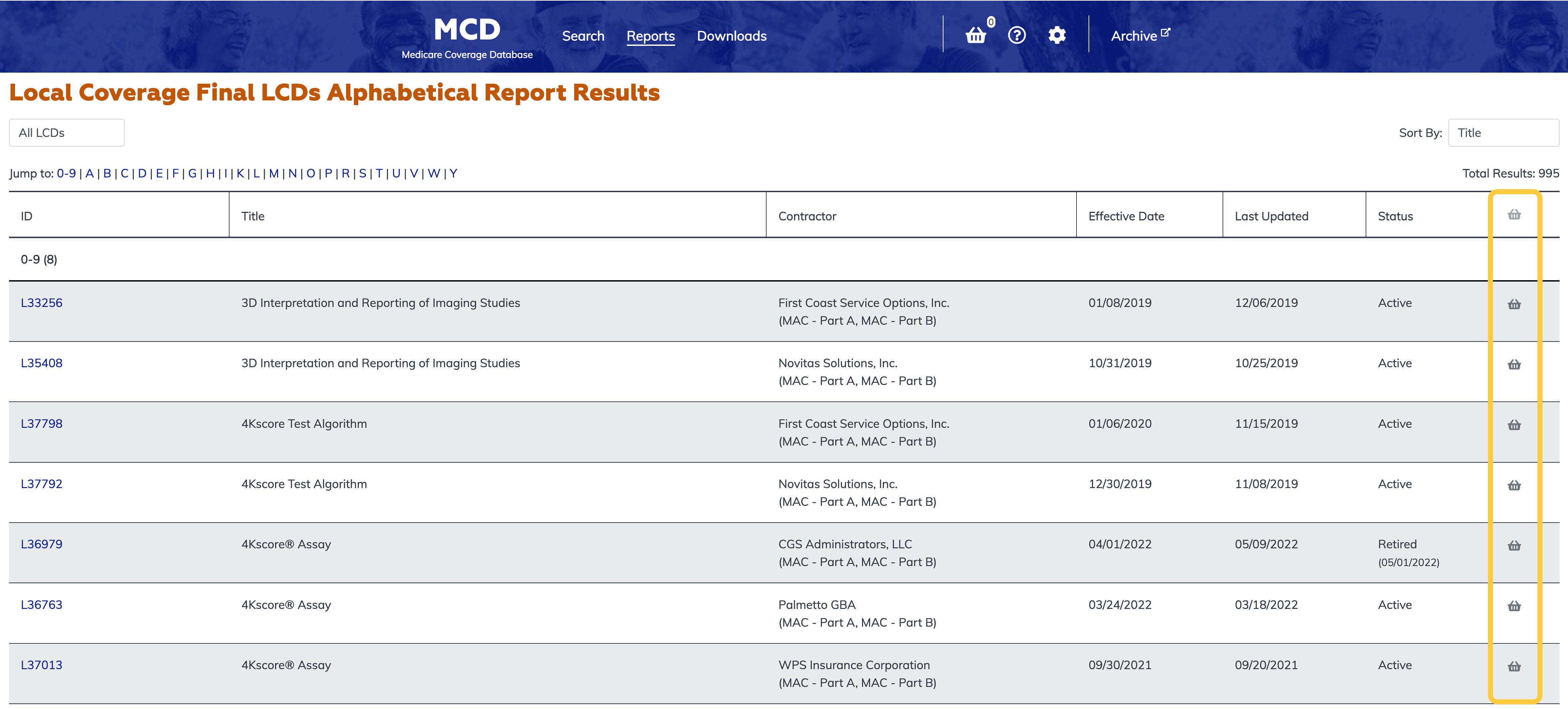 Local Coverage Final LCDs Listed Alphabetically Report basket column highlighted