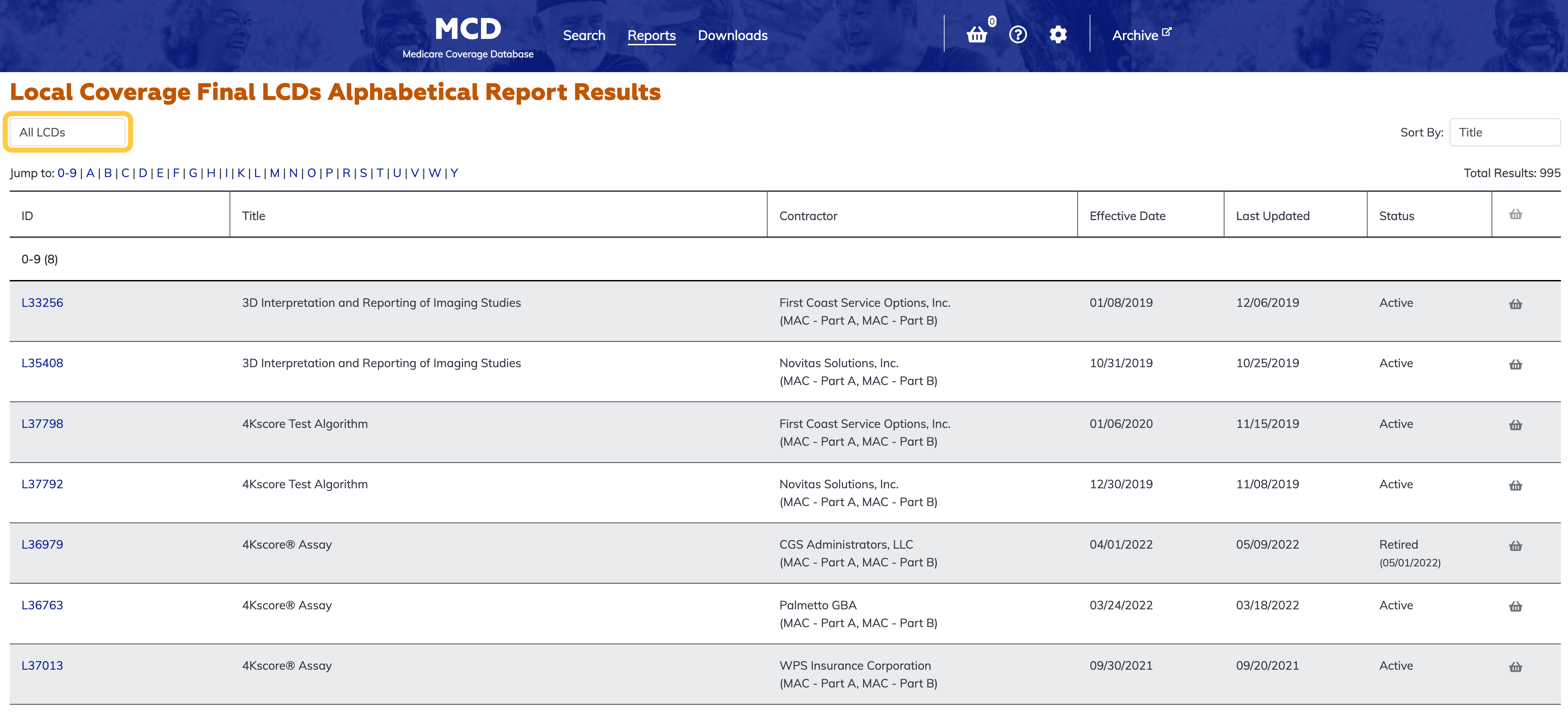 Local Coverage Final LCDs Listed Alphabetically Report filter bar highlighted