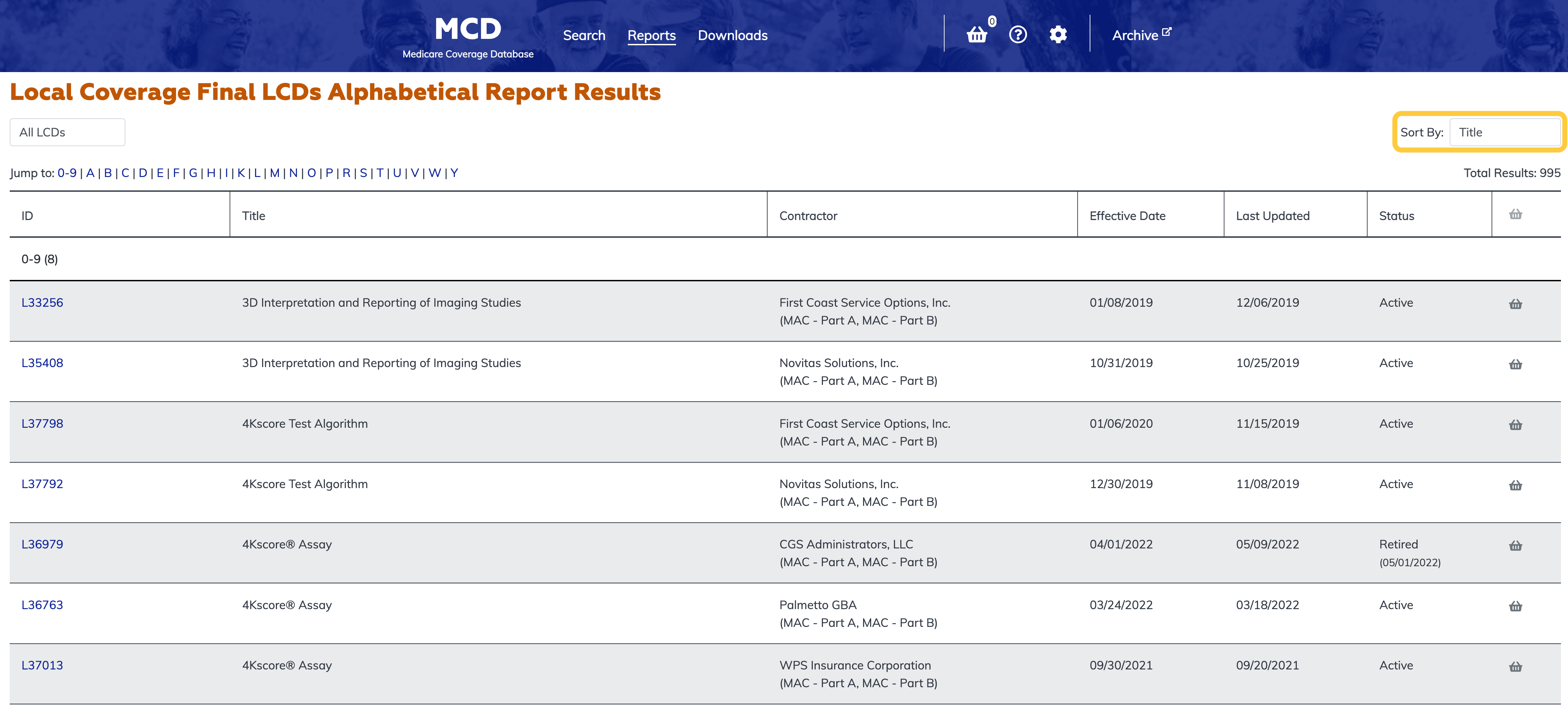 Local Coverage Final LCDs Listed Alphabetically Report sort option highlighted