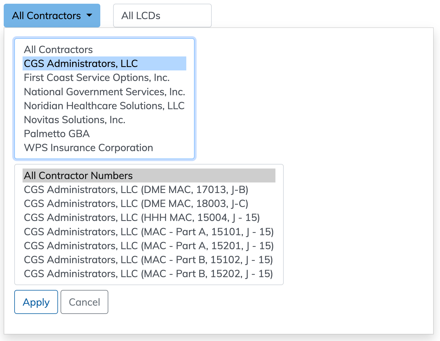Local Coverage Final LCDs by Contractor Report Contractor filter highlighted
