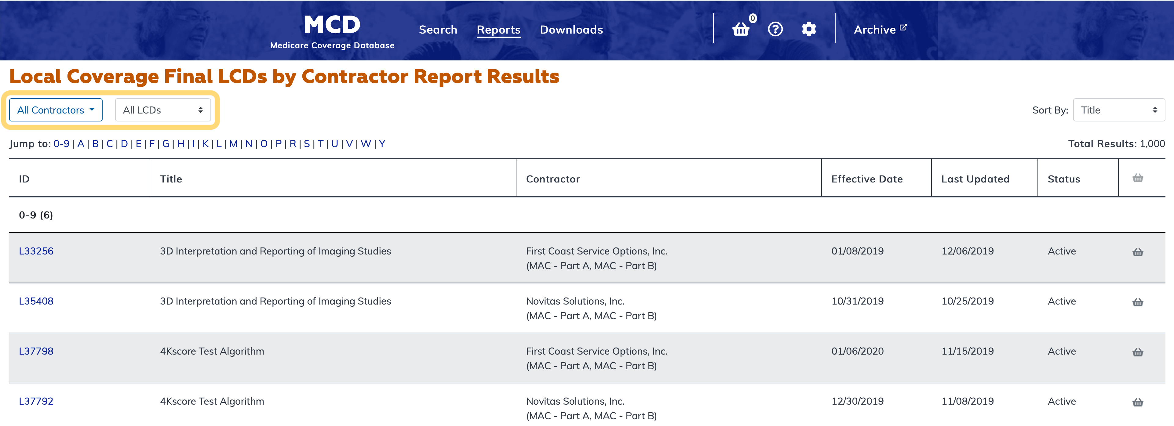 Local Coverage Final LCDs by Contractor Report filter bar highlighted