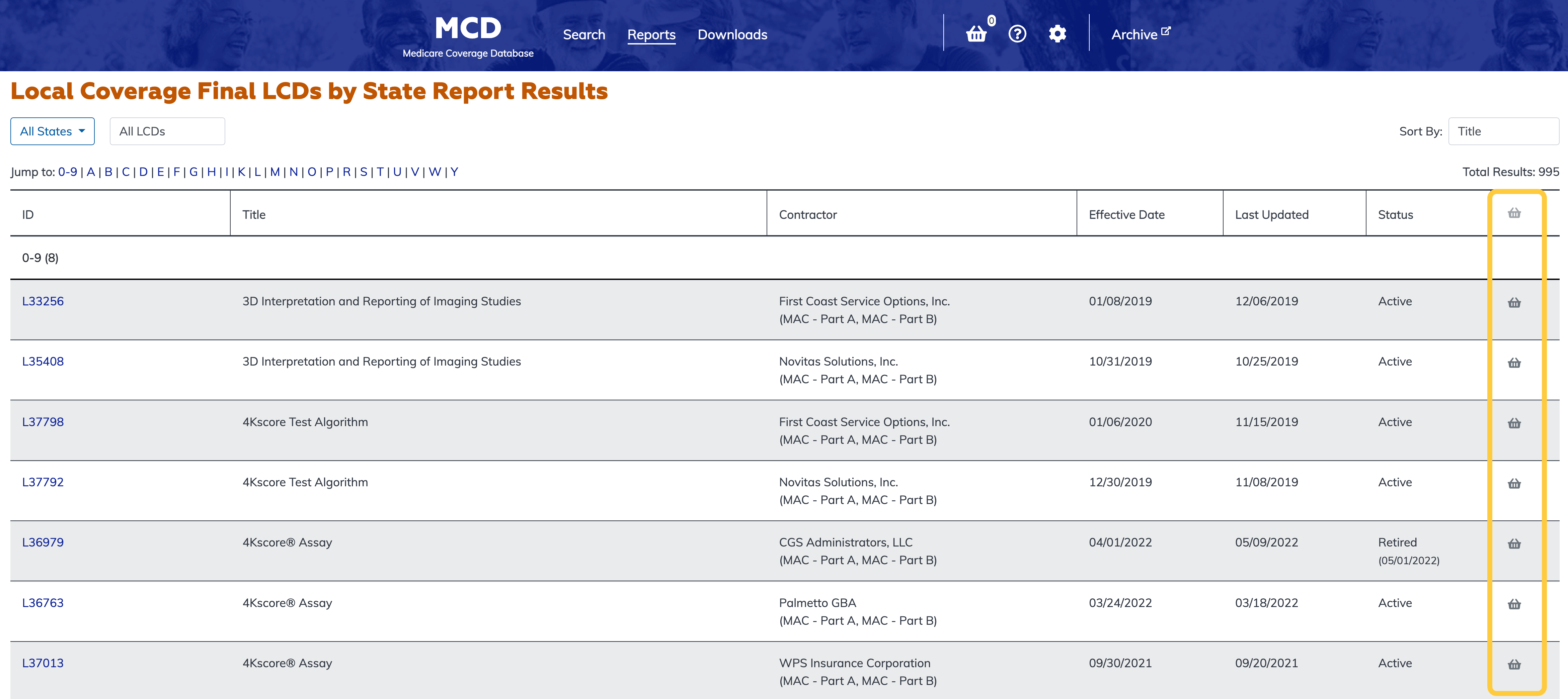 Local Coverage Final LCDs by State Report basket column highlighted