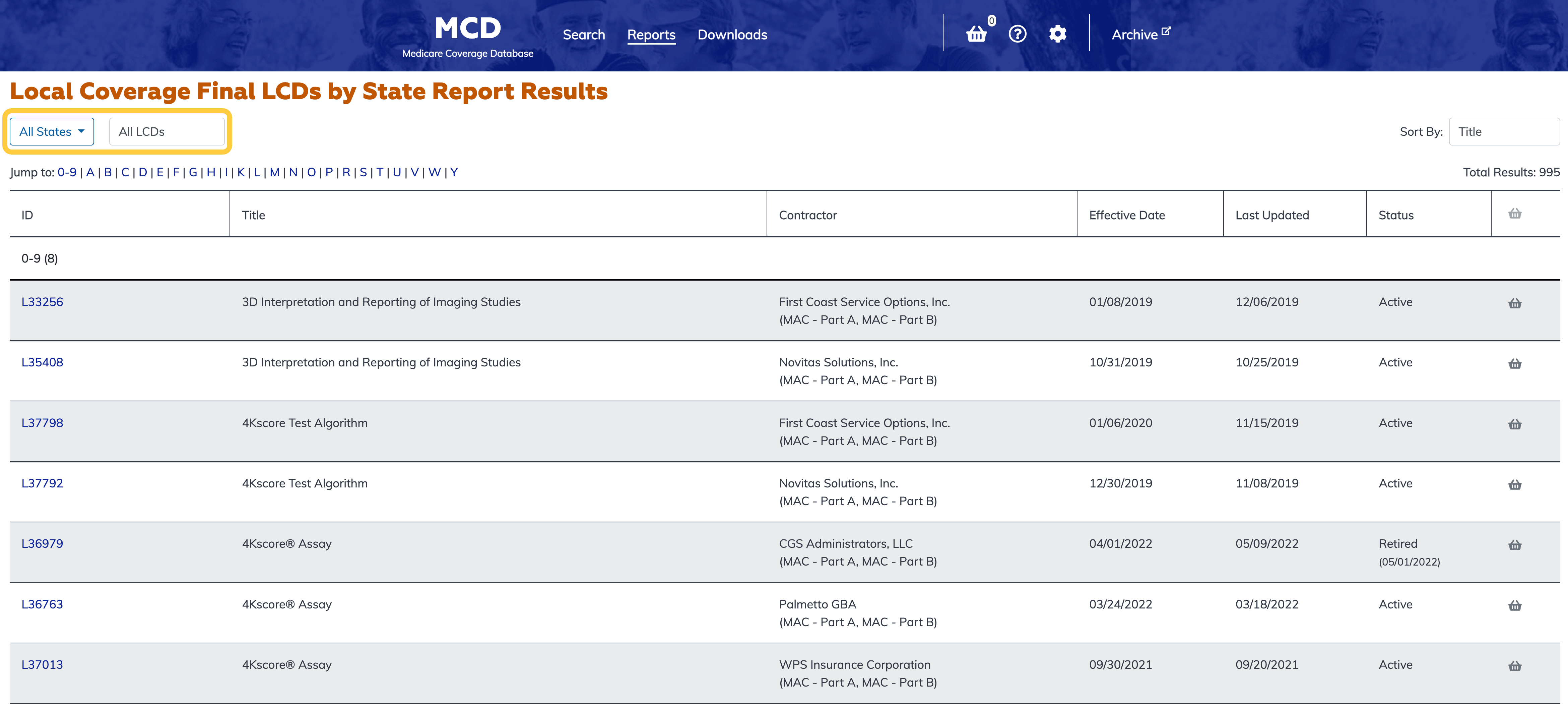 Local Coverage Final LCDs by State Report filter bar highlighted