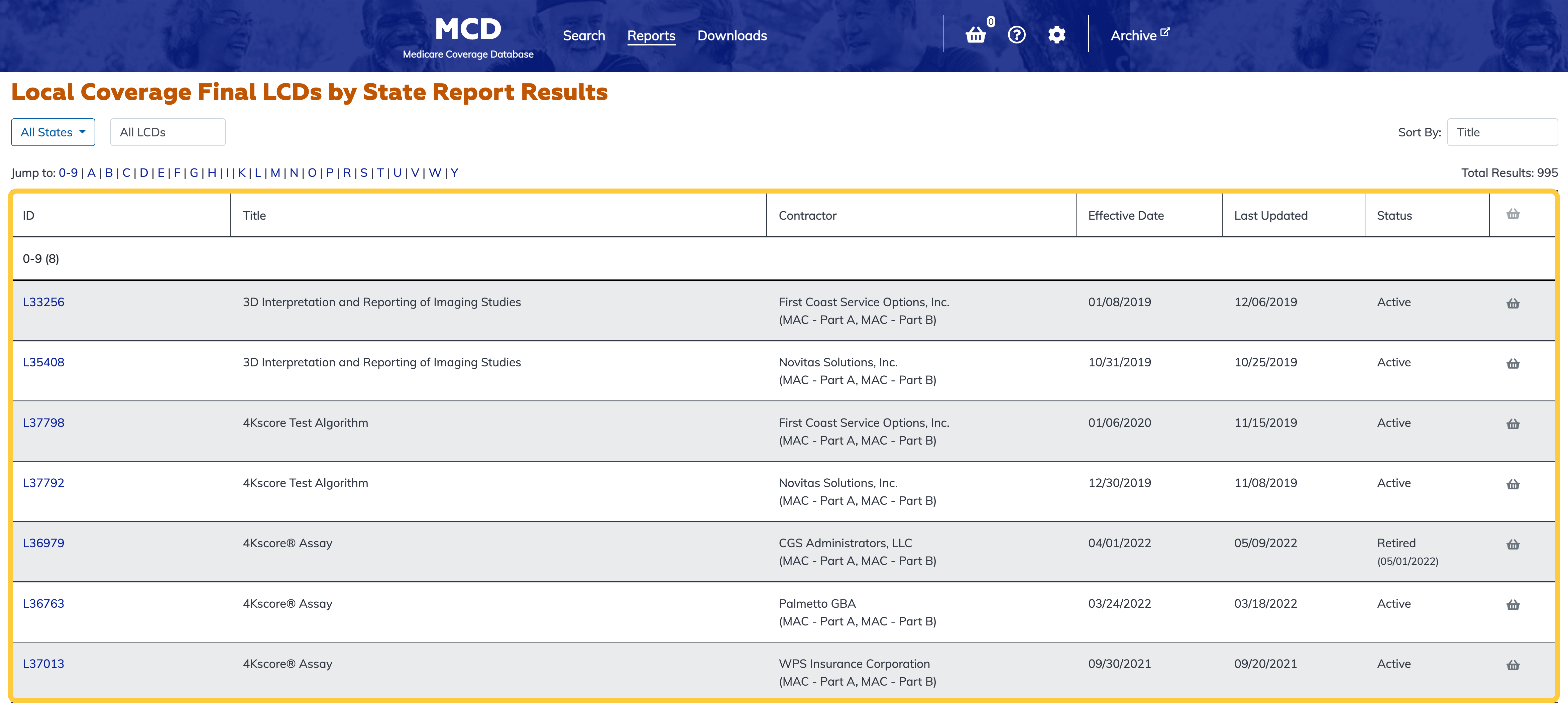 Local Coverage Final LCDs by State Report table highlighted