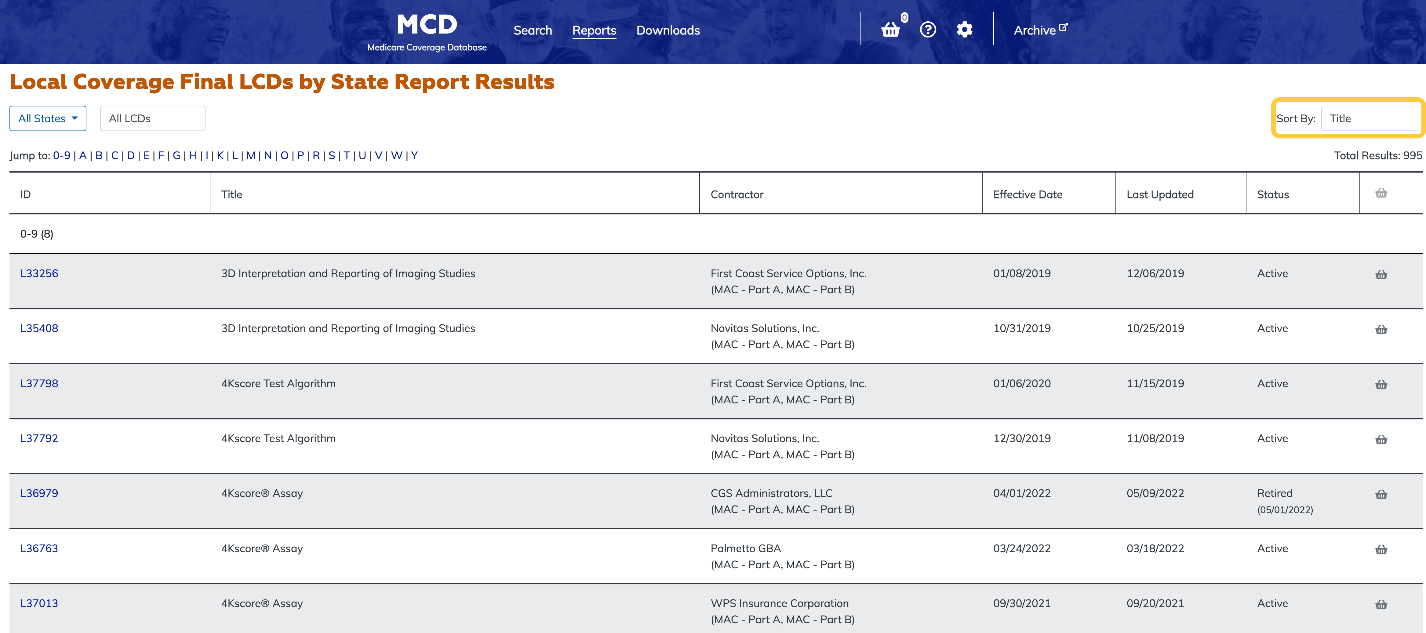 Local Coverage Final LCDs by State Report sort option highlighted