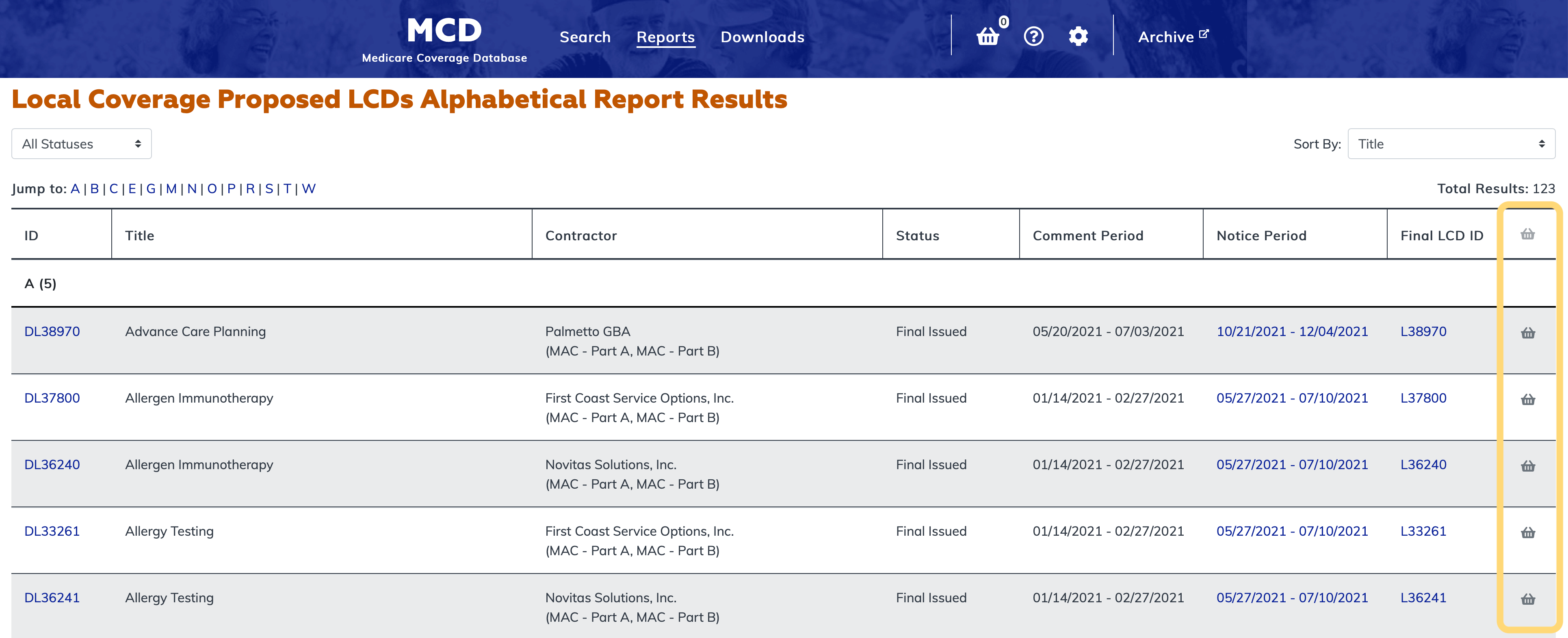 Local Coverage Proposed LCDs Listed Alphabetically Report basket column highlighted