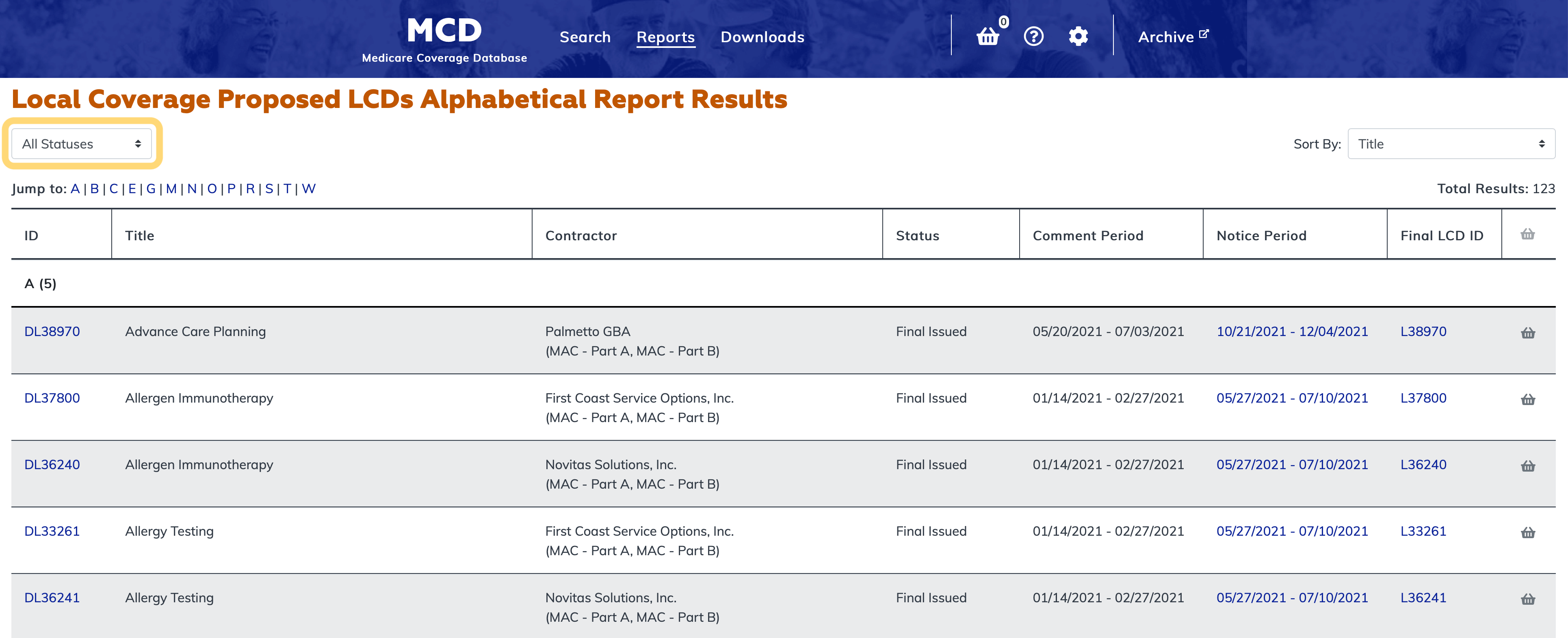 Local Coverage Proposed LCDs Listed Alphabetically Report filter bar highlighted