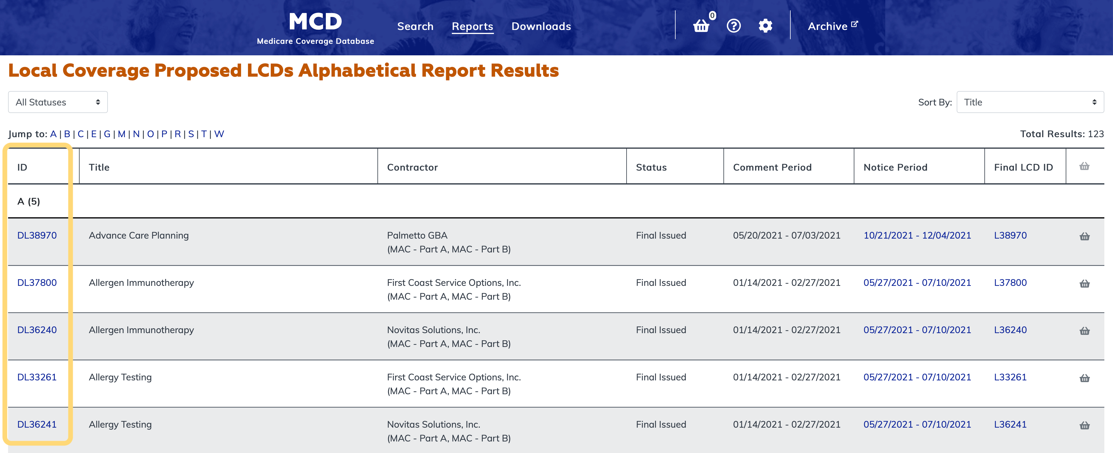 Local Coverage Proposed LCDs Listed Alphabetically Report ID link column highlighted