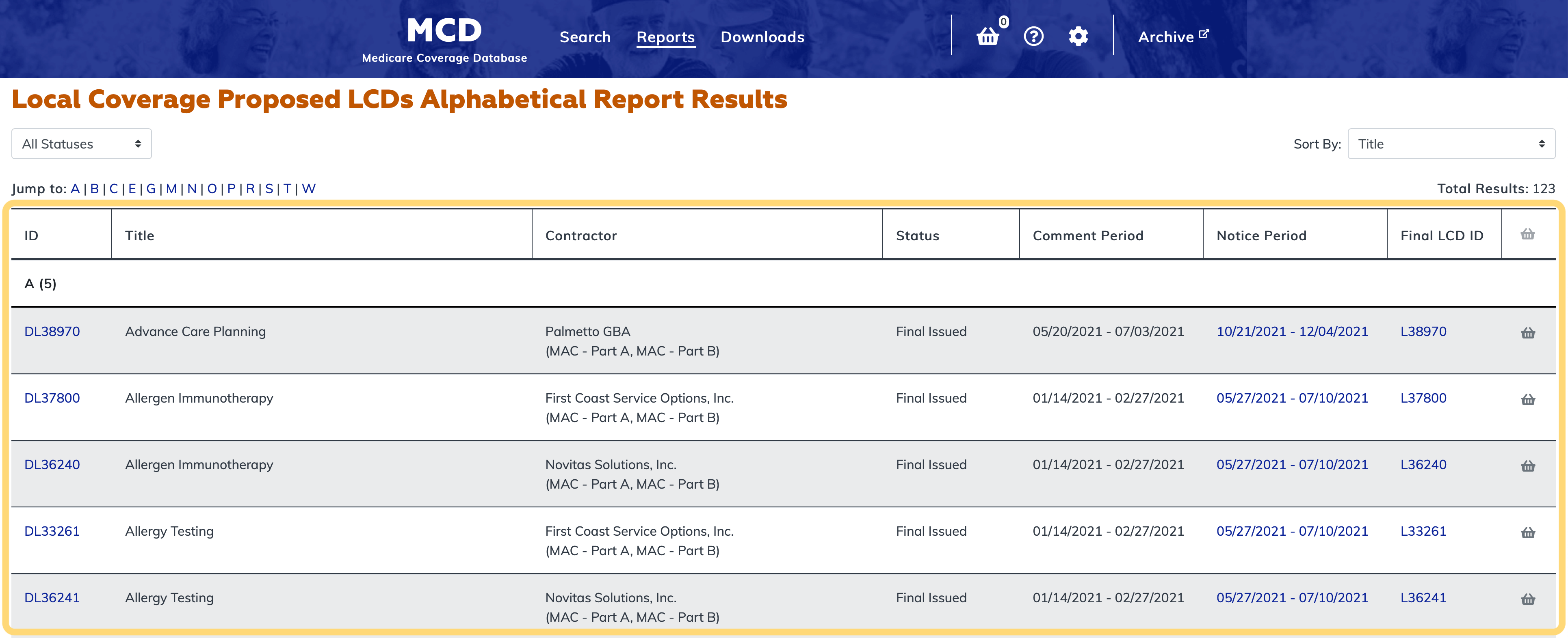 Local Coverage Proposed LCDs Listed Alphabetically Report table highlighted