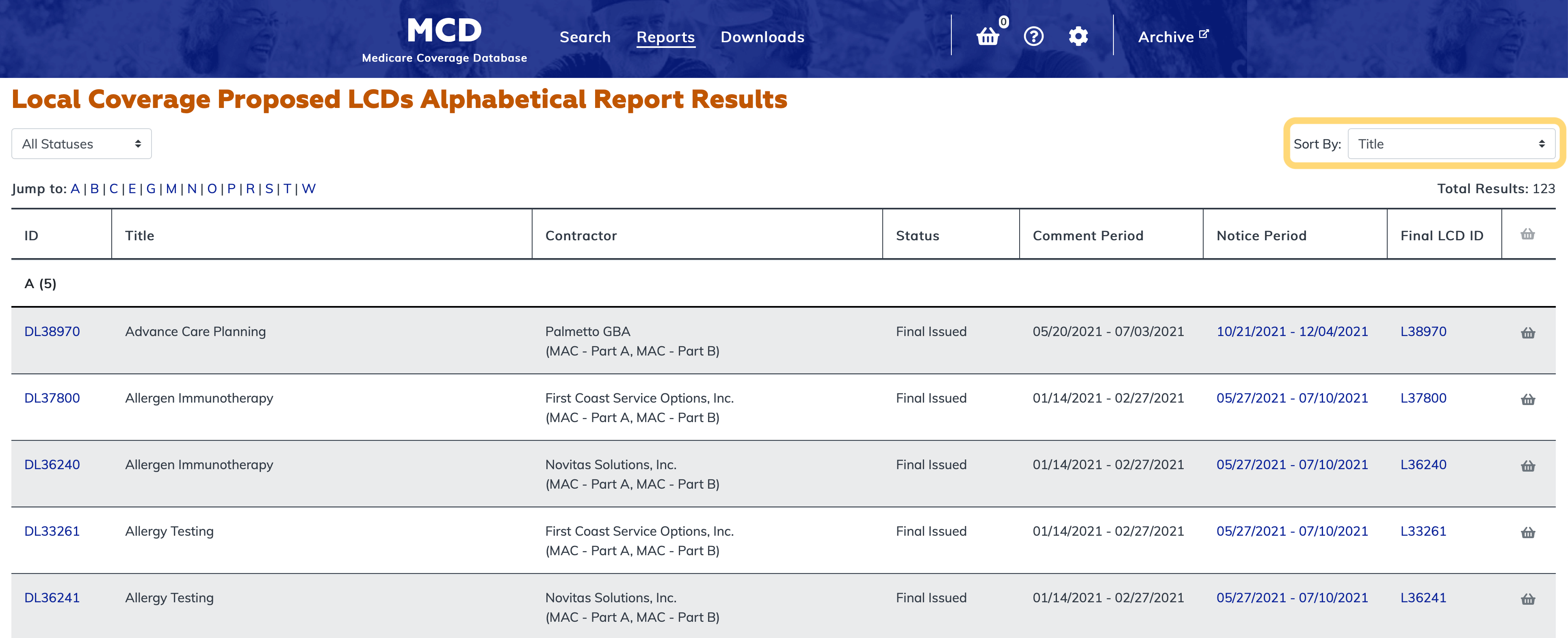Local Coverage Proposed LCDs Listed Alphabetically Report sort option highlighted