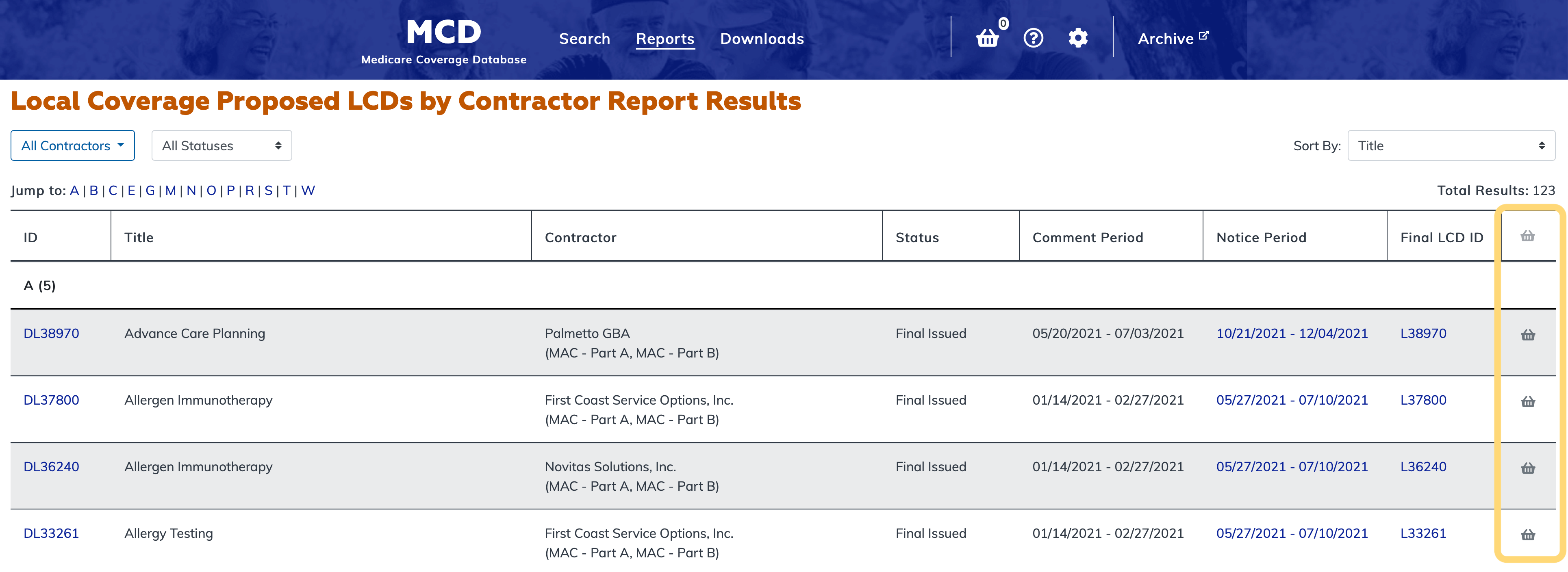 Local Coverage Proposed LCDs by Contractor Report basket column highlighted
