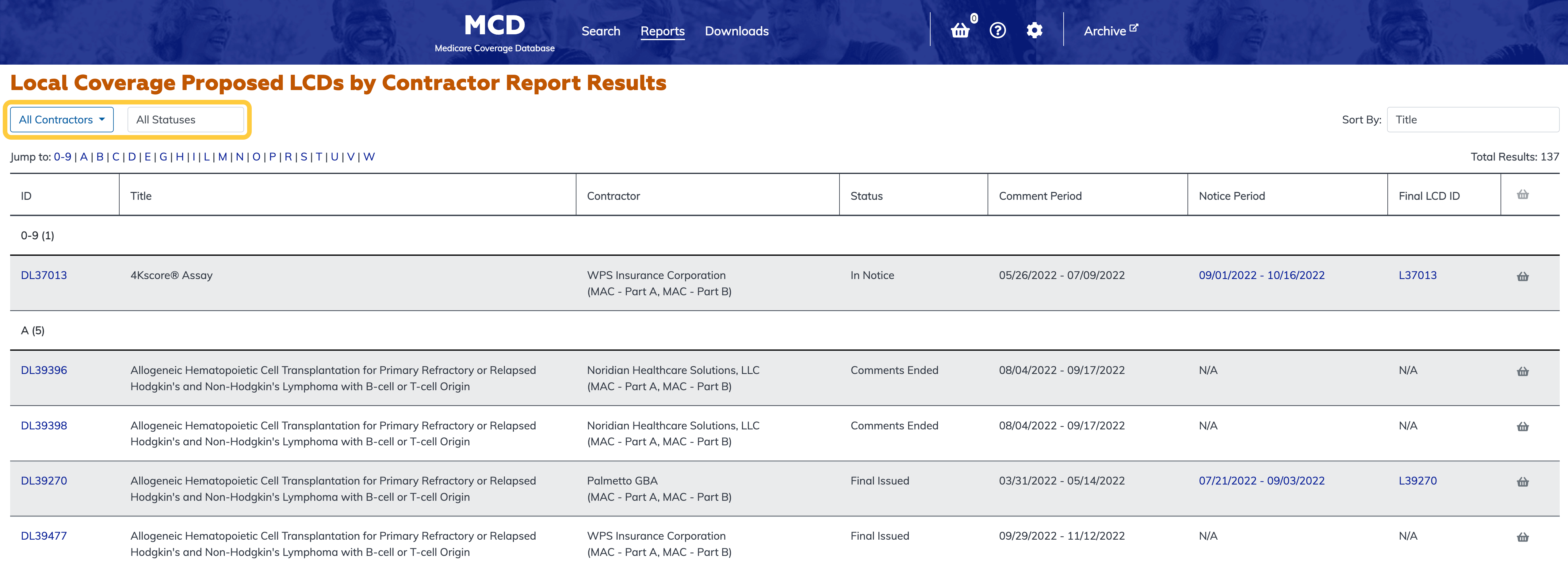 Local Coverage Proposed LCDs by Contractor Report filter bar highlighted