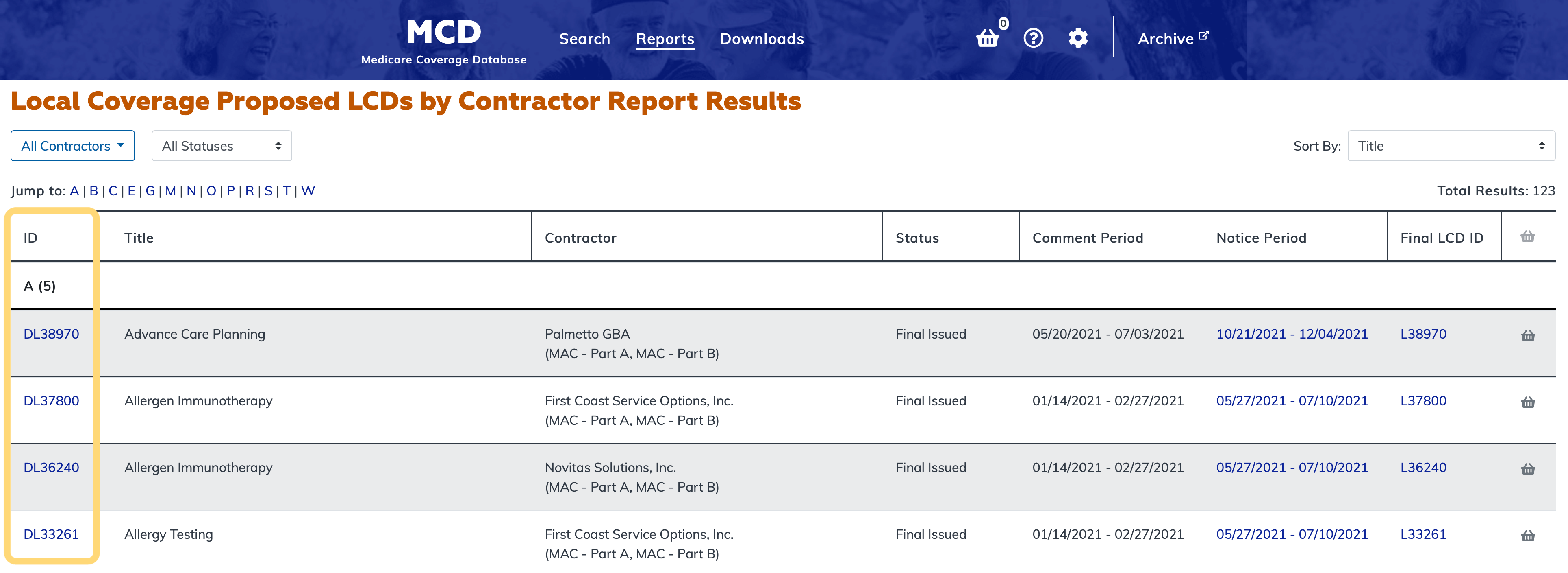 Local Coverage Proposed LCDs by Contractor Report ID link column highlighted