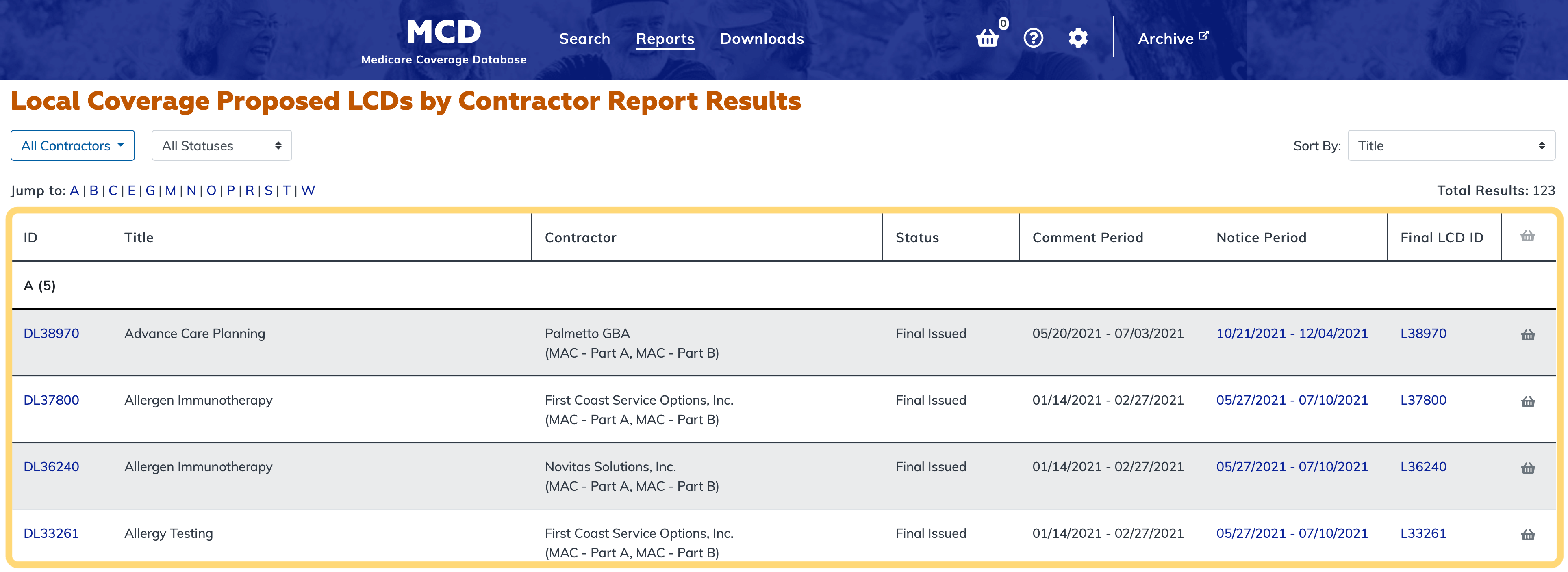 Local Coverage Proposed LCDs by Contractor Report table highlighted