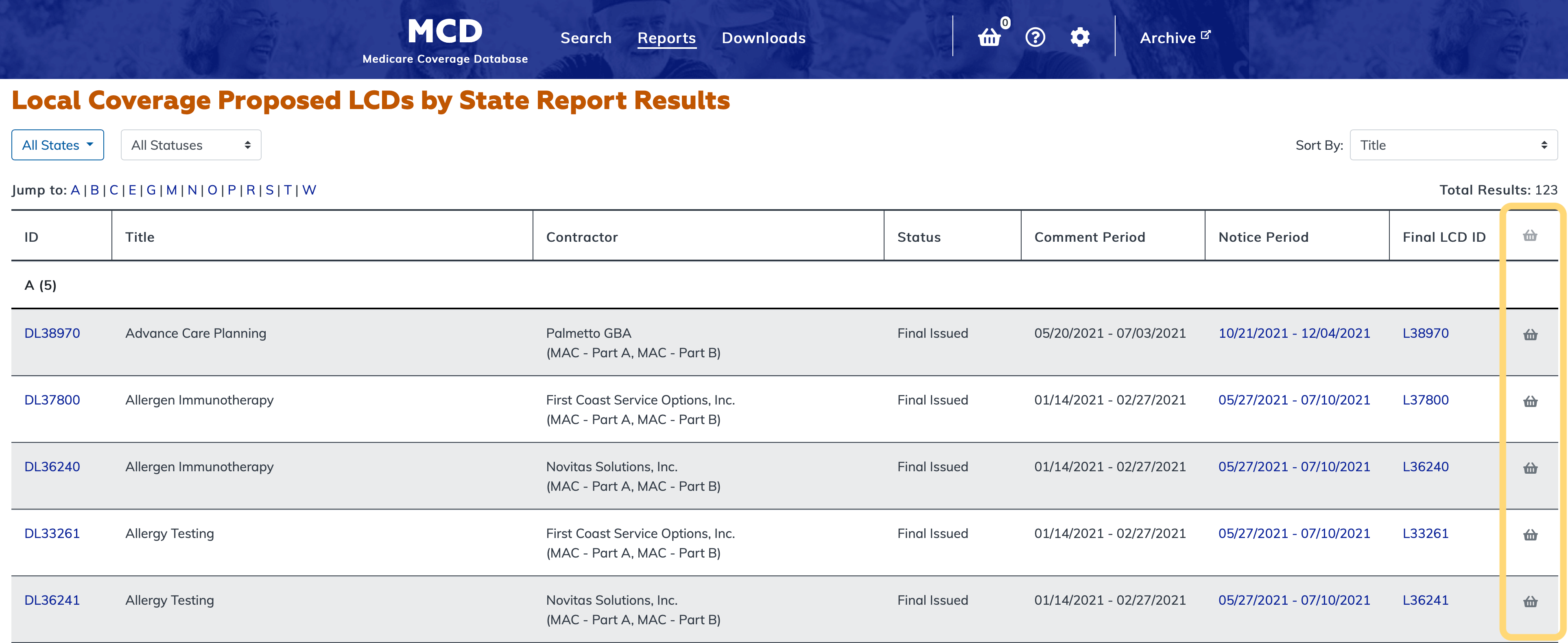 Local Coverage Proposed LCDs by State Report basket column highlighted
