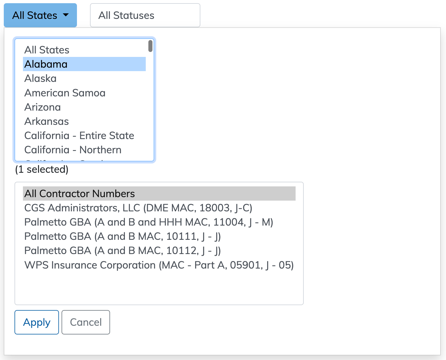 Local Coverage Proposed LCDs by State Report State filter highlighted
