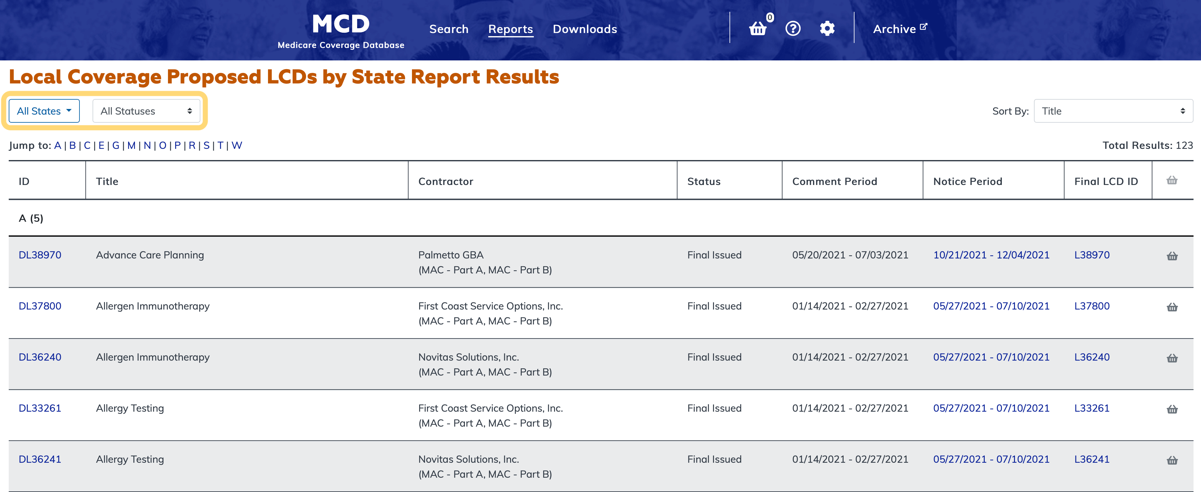 Local Coverage Proposed LCDs by State Report filter bar highlighted