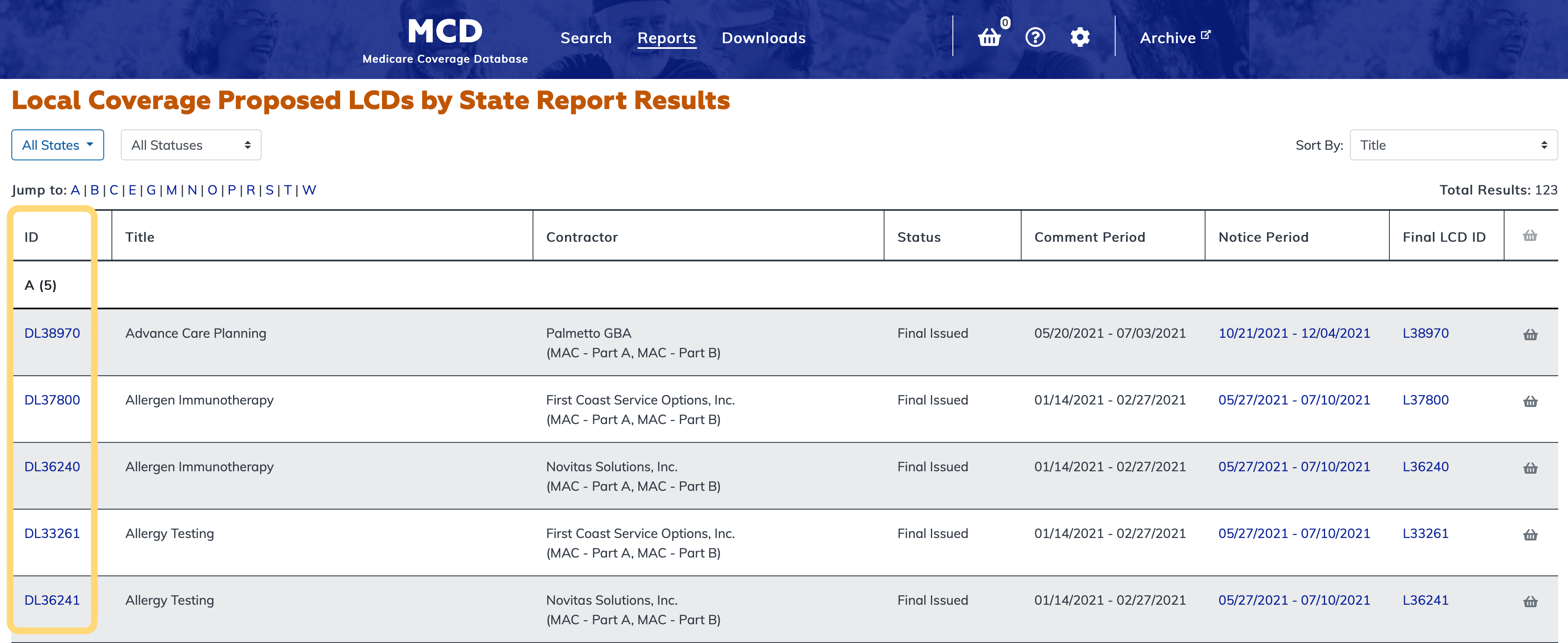 Local Coverage Proposed LCDs by State Report ID link column highlighted