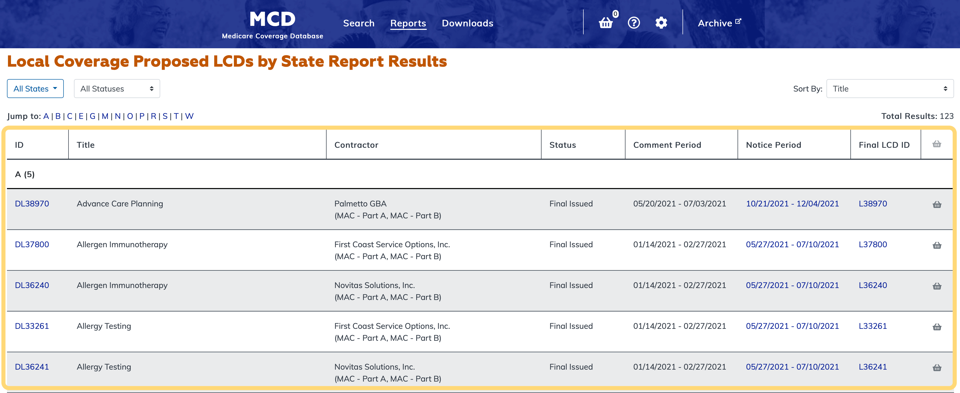 Local Coverage Proposed LCDs by State Report table highlighted