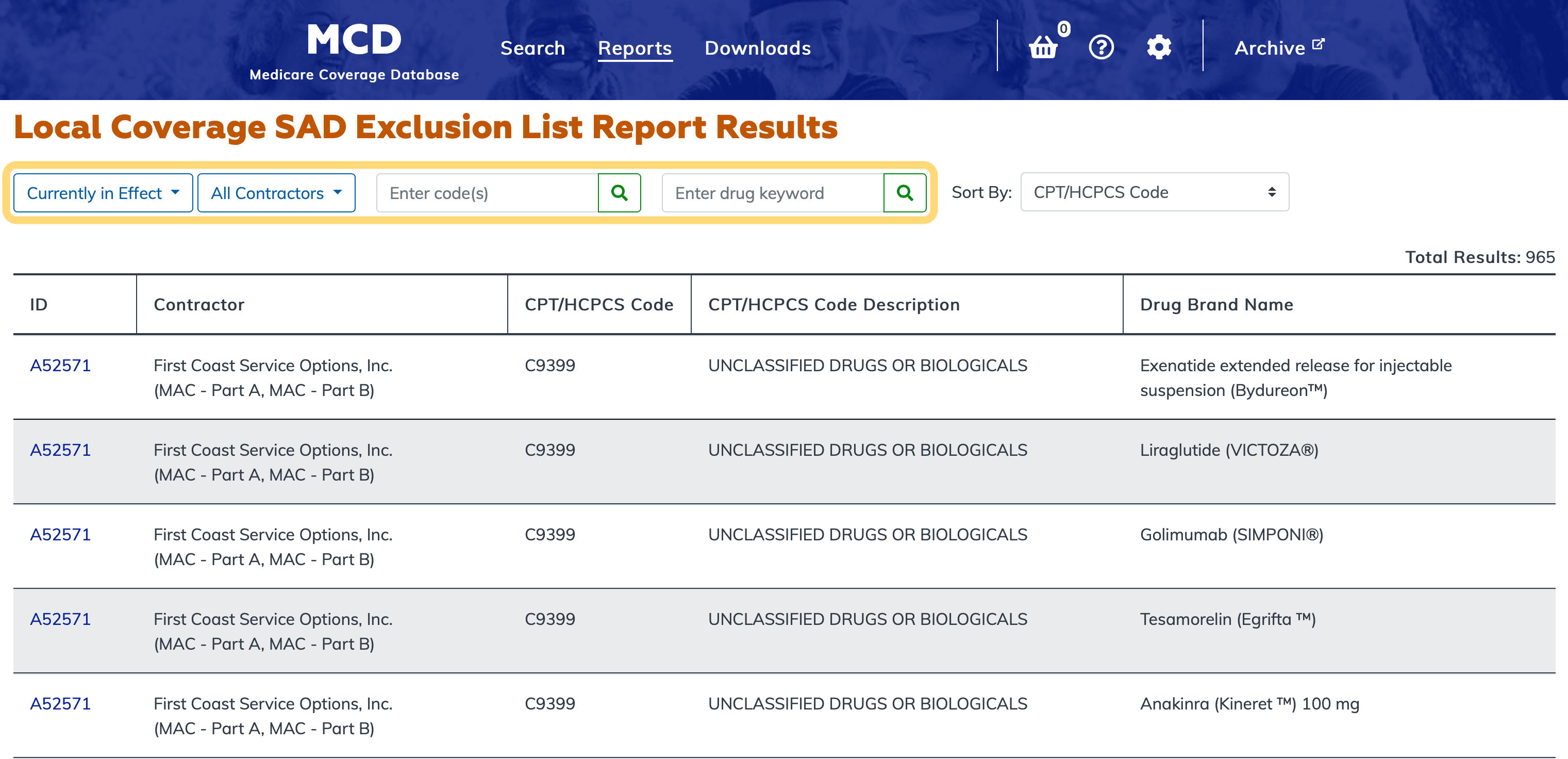Local Coverage SAD Exclusion List Report filter bar highlighted