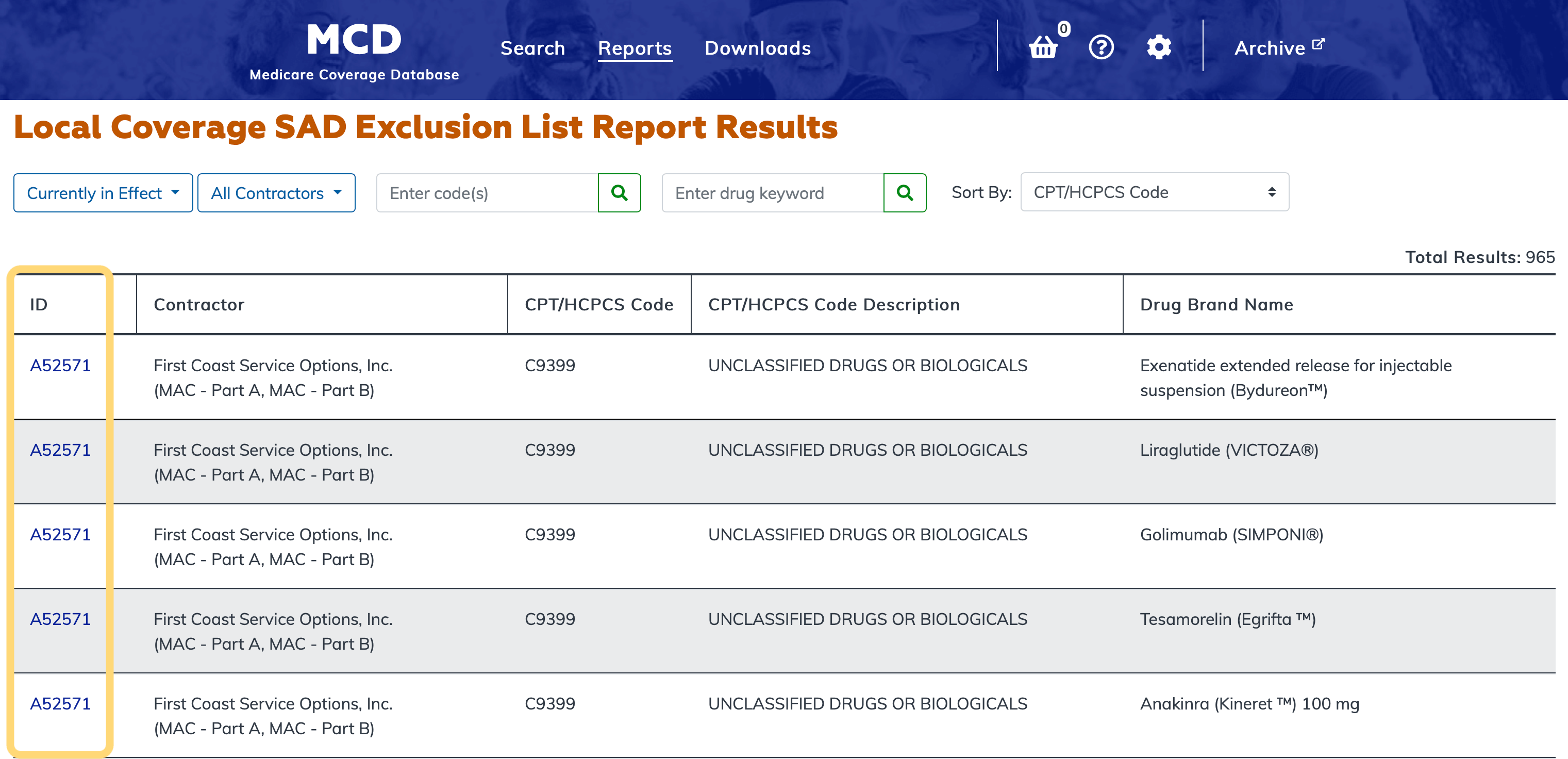 Local Coverage SAD Exclusion List Report ID link column highlighted