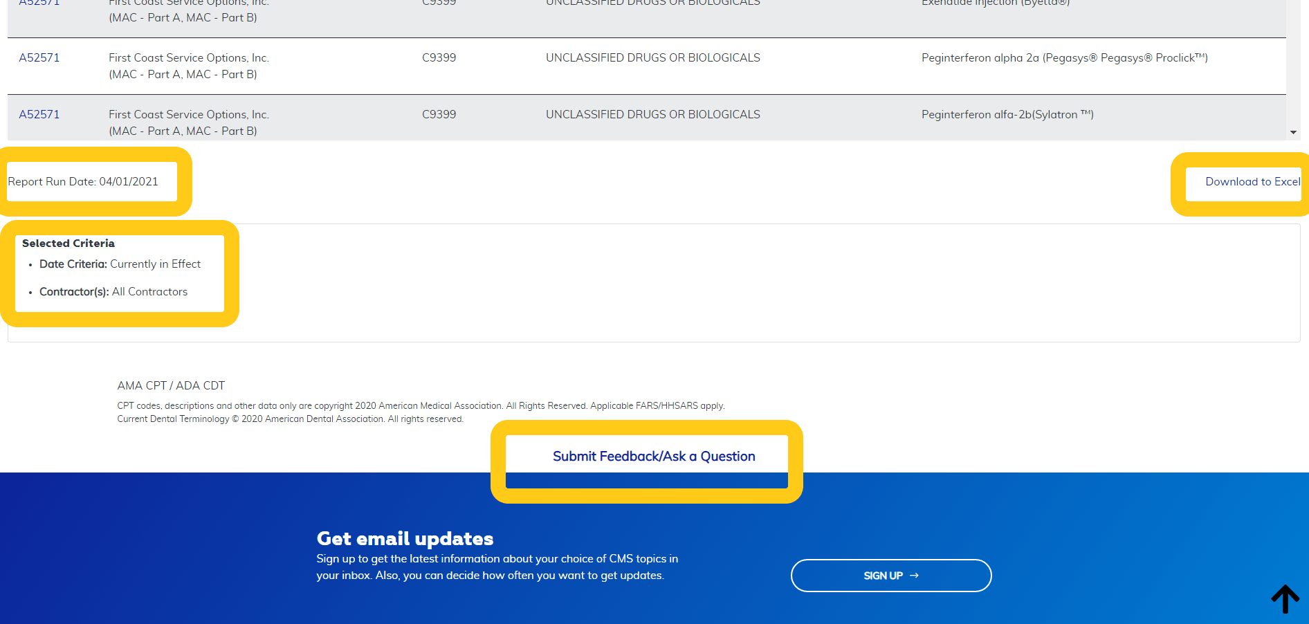 Local Coverage SAD Exclusion List Report additional features at the bottom highlighted