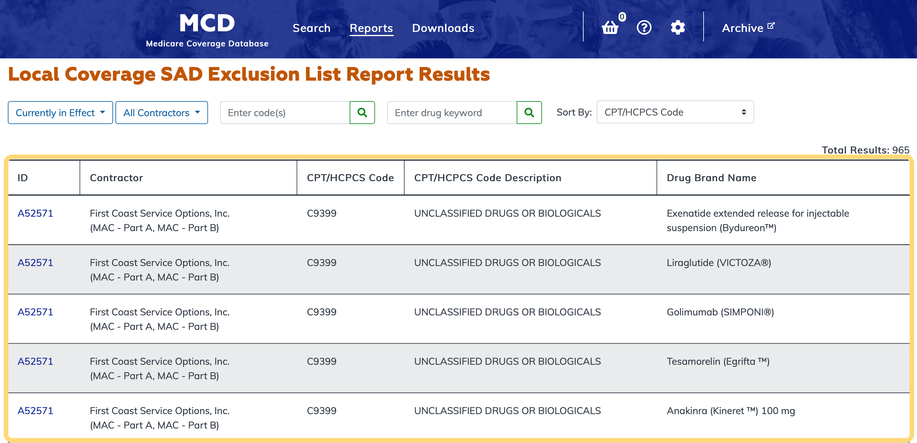 Local Coverage SAD Exclusion List Report table highlighted
