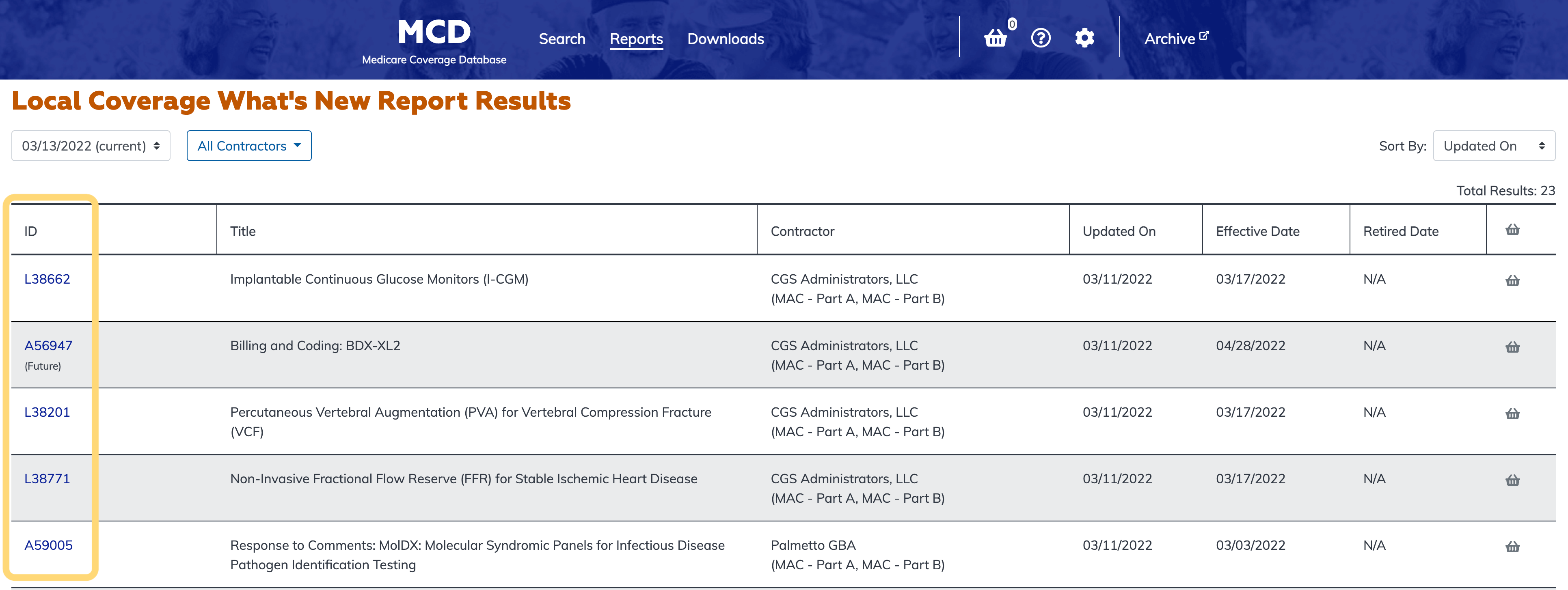 Local Coverage What's New Report ID link column highlighted