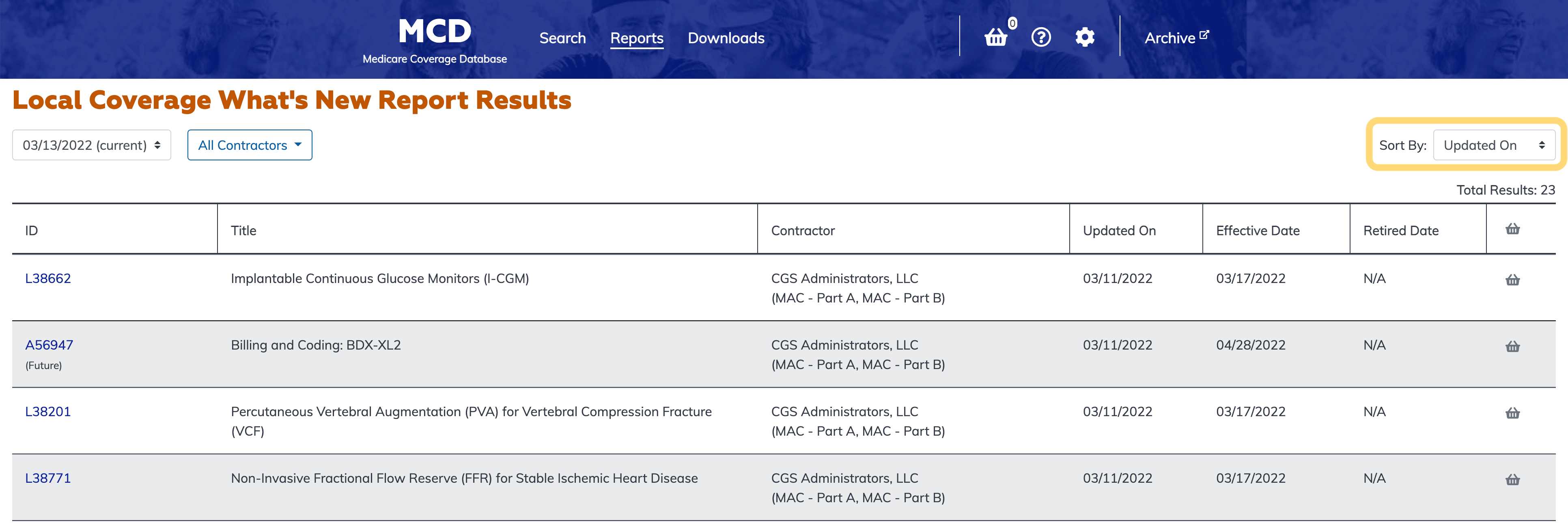 Local Coverage What's New Report sort option highlighted