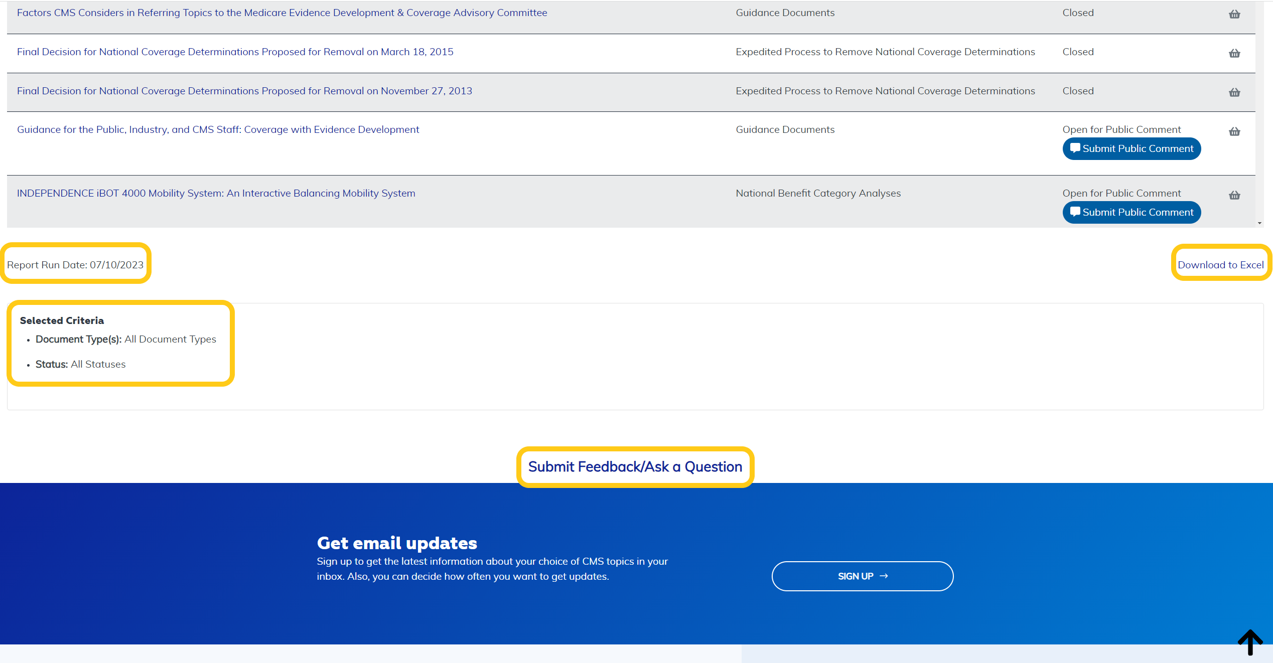 National Coverage Medicare Coverage Documents Report additional features at the bottom highlighted