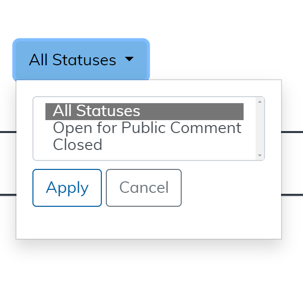National Coverage Medicare Coverage Document Status Report status filter highlighted