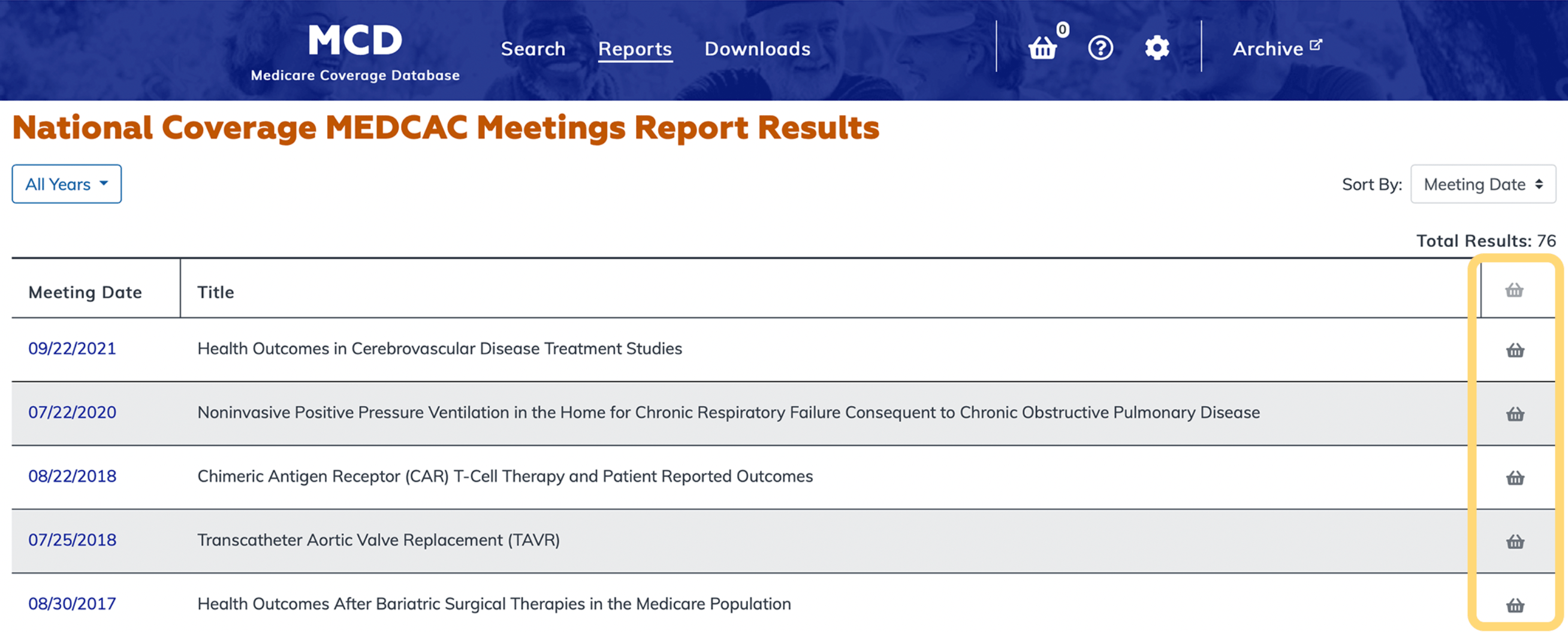 National Coverage MEDCAC Meetings Report basket column highlighted