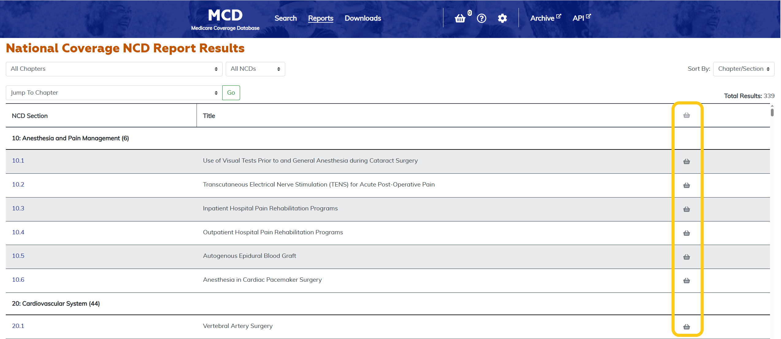National Coverage NCD Report basket column highlighted