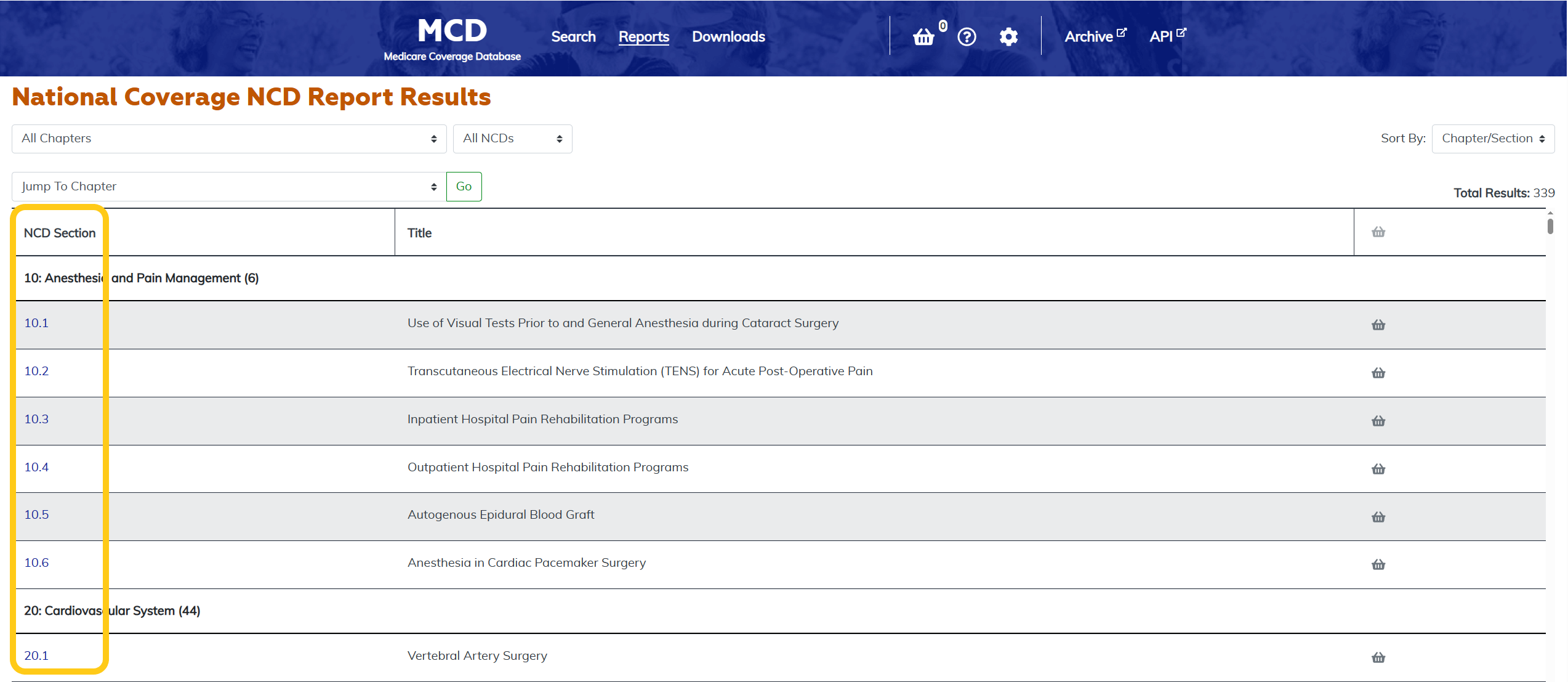 National Coverage NCD Report Section link column highlighted