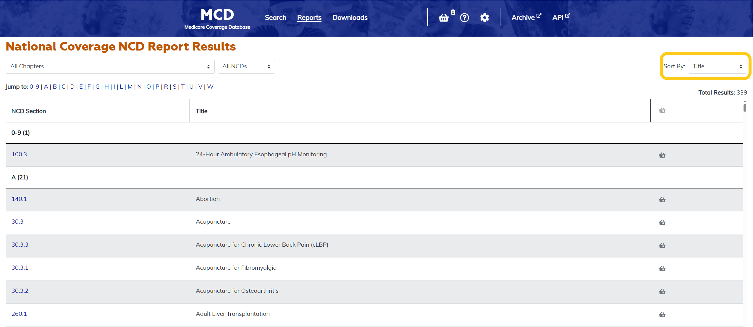 National Coverage NCD Report sort option highlighted